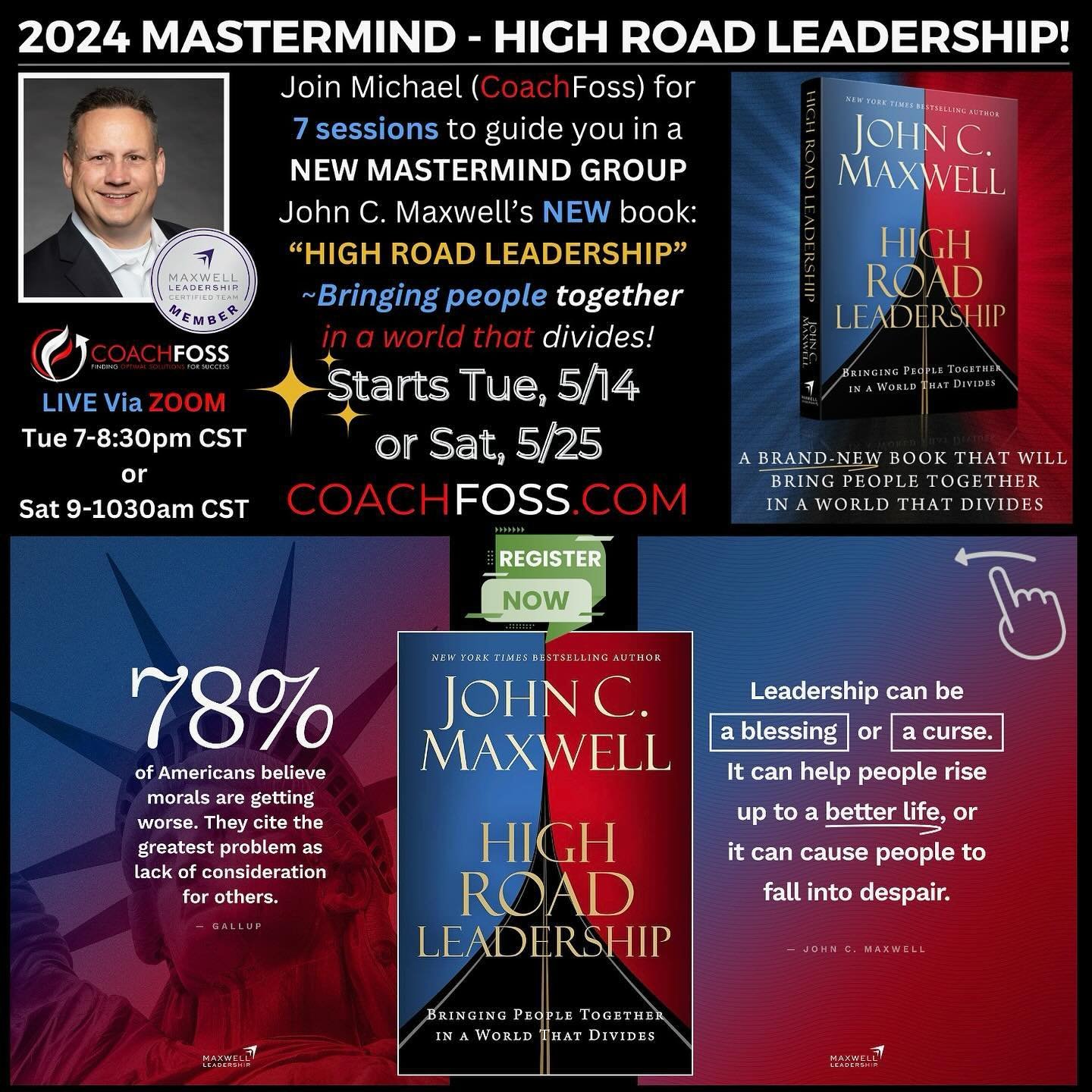 This may be the most important and necessary Mastermind I have had the pleasure to lead to date.

Join me (CoachFoss) for 7 sessions over the next few months to guide you in BRAND NEW MASTERMIND GROUP based on John C. Maxwell&rsquo;s new book: &ldquo