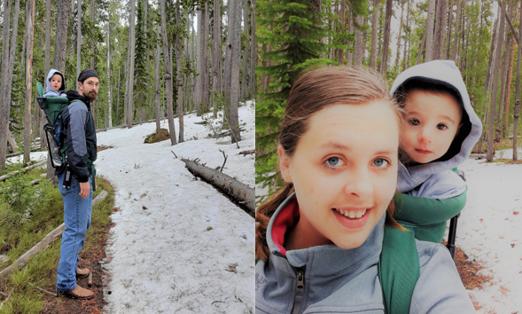 Hiking a trail in Yellowstone National Park, while carrying a toddler.