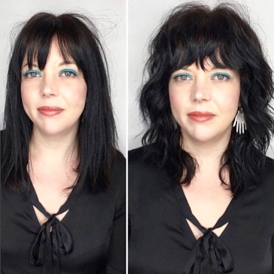 Razor magic🖤 This is from a few years ago&hellip;. I love the movement &amp; wave the razor brought out. Plus that hand earring poking out! 

#sfhair #sfhairstylist #beforeandafter #razorcut #shaghaircut #bangs #jpattonsalon