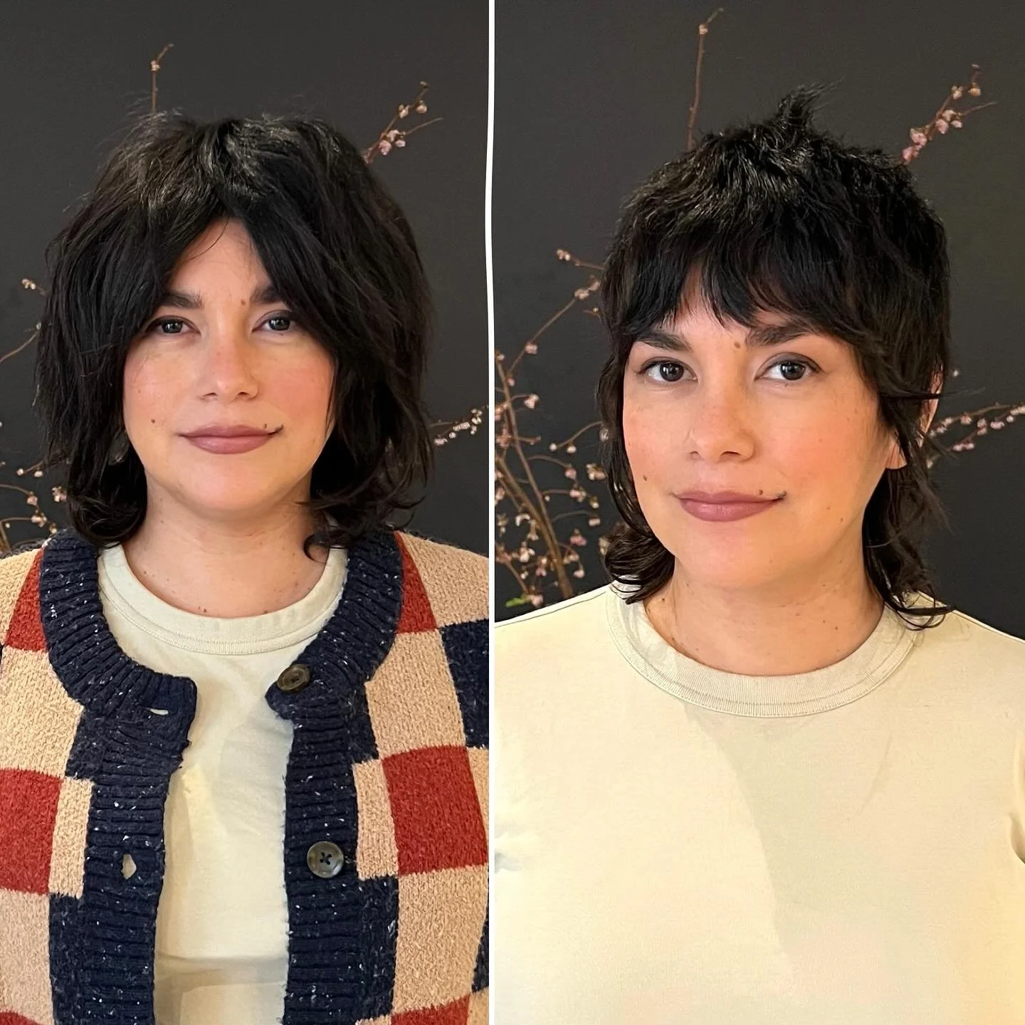 Natalie🖤 We switch up the cut every time I see her, so fun! She&rsquo;s been wanting a version of the Chelsea Cut &amp; now was the time! Second photo is air dried/Third photo is all the different cuts we&rsquo;ve done😊 

Styled using @gmreverie Ma