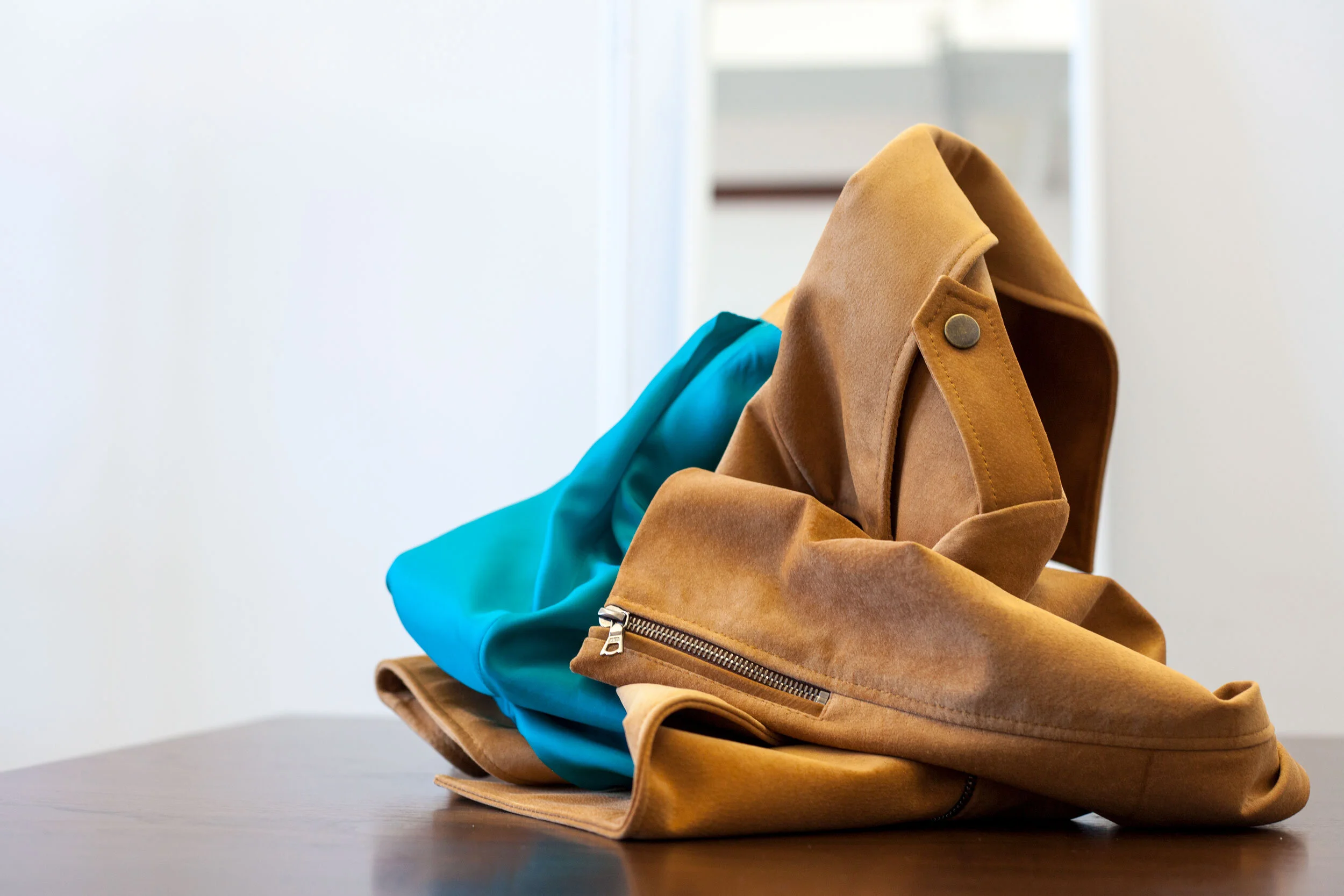 Jackets: Military Motorcycle Jacket in custom colour + Double Zip Moto in Black Silver“Although I love the ease of selling ready-to-wear, nothing compares to the variety and creativity of developing a custom jacket for a special client.” From Anneke Forbes’ blog, Joy In Volvelty - Photo courtesy of Anneke Forbes.