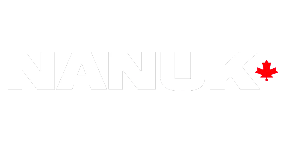 The word NANUK in bold white letters with a red maple leaf replacing the dot on the letter K, on a black background.