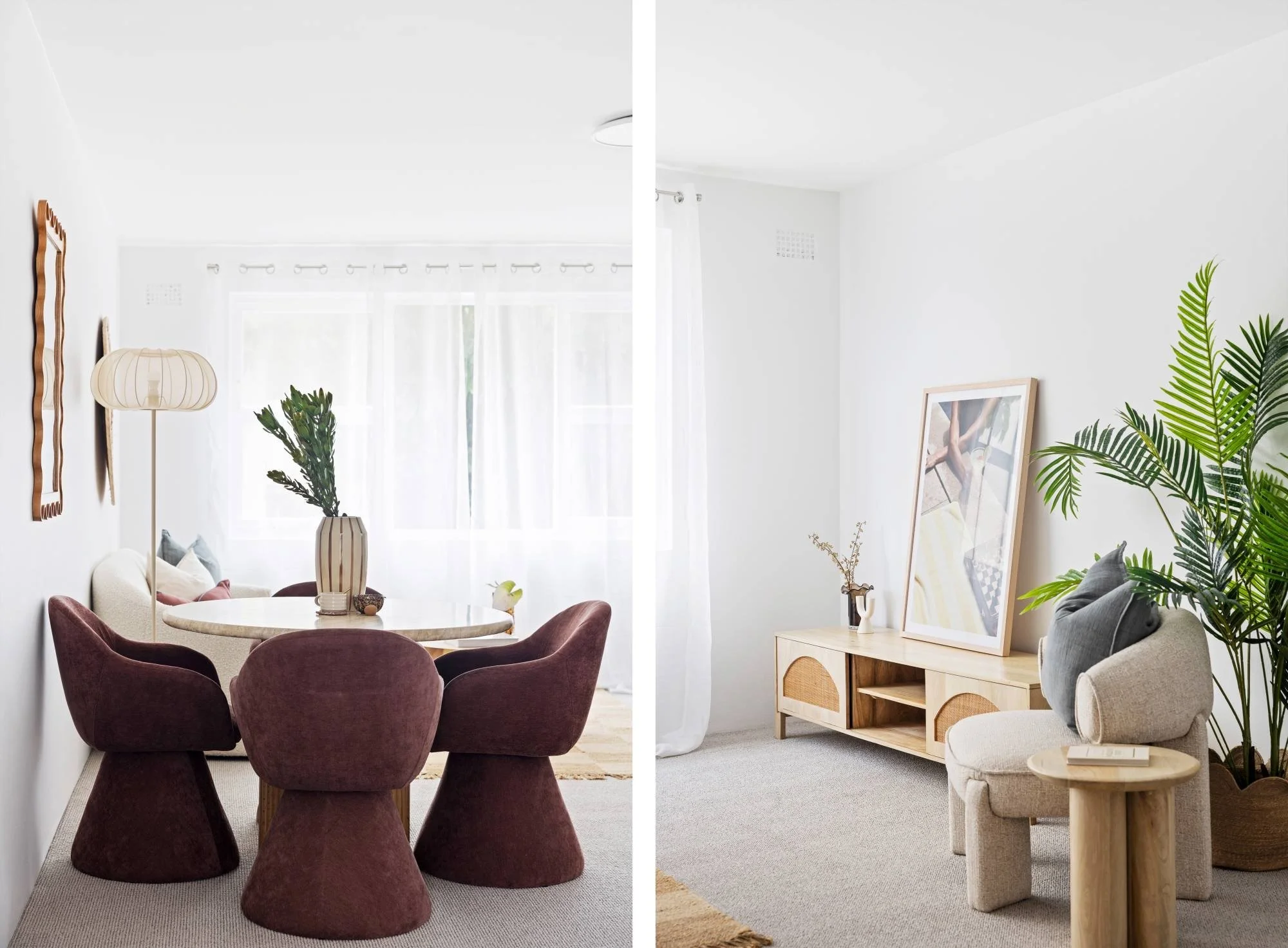 Split image of two living rooms. The left side shows a dining area with six purple velvet chairs around a round wooden table, a floor lamp, and large windows with sheer curtains. The right side depicts a sitting area with a cream-colored chair, a fra