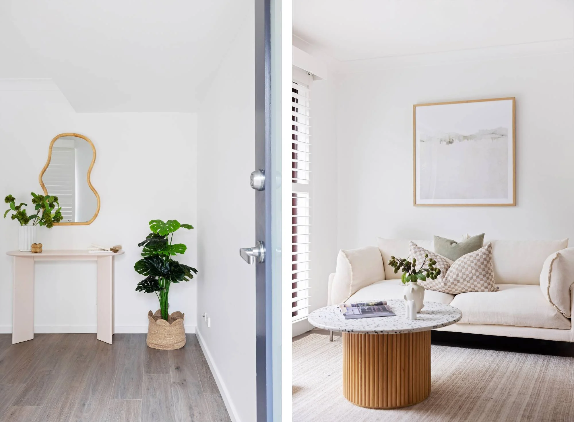 Split image showing a hallway on the left with a white console table and plants, and a living room on the right with a white sofa, coffee table, and wall art.