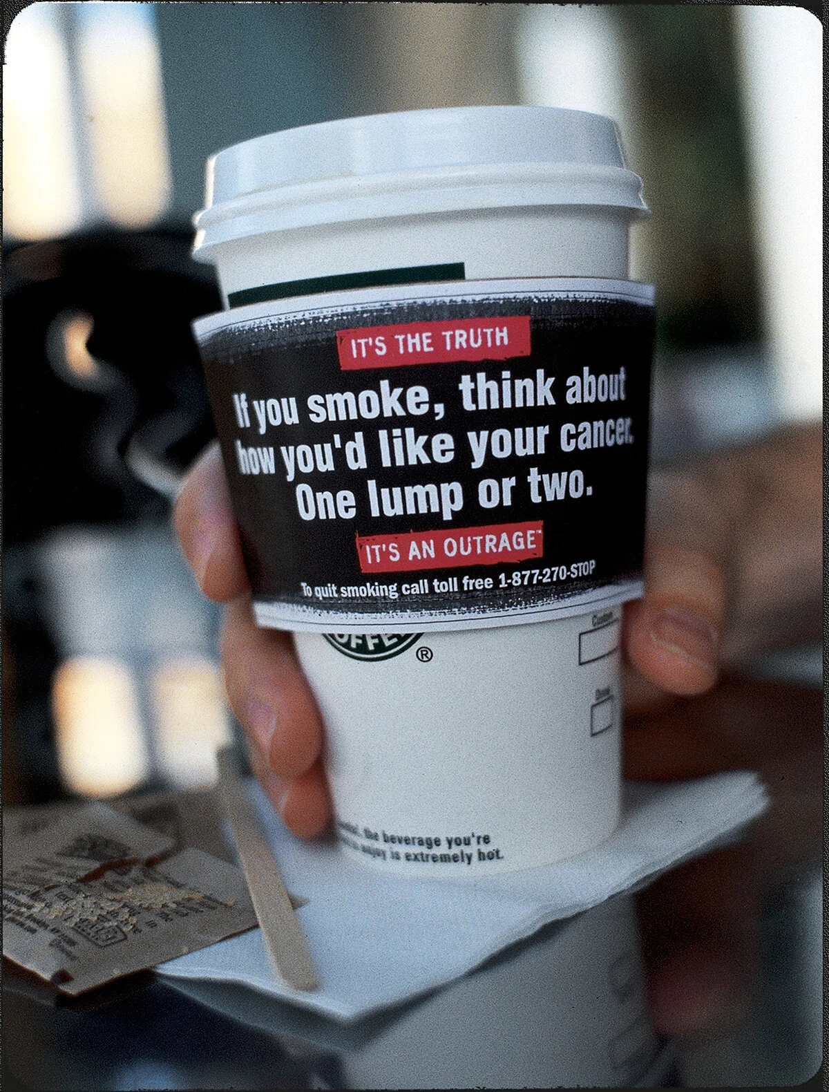  State of Washington anti-smoking campaign print ad and coffee sleeves 