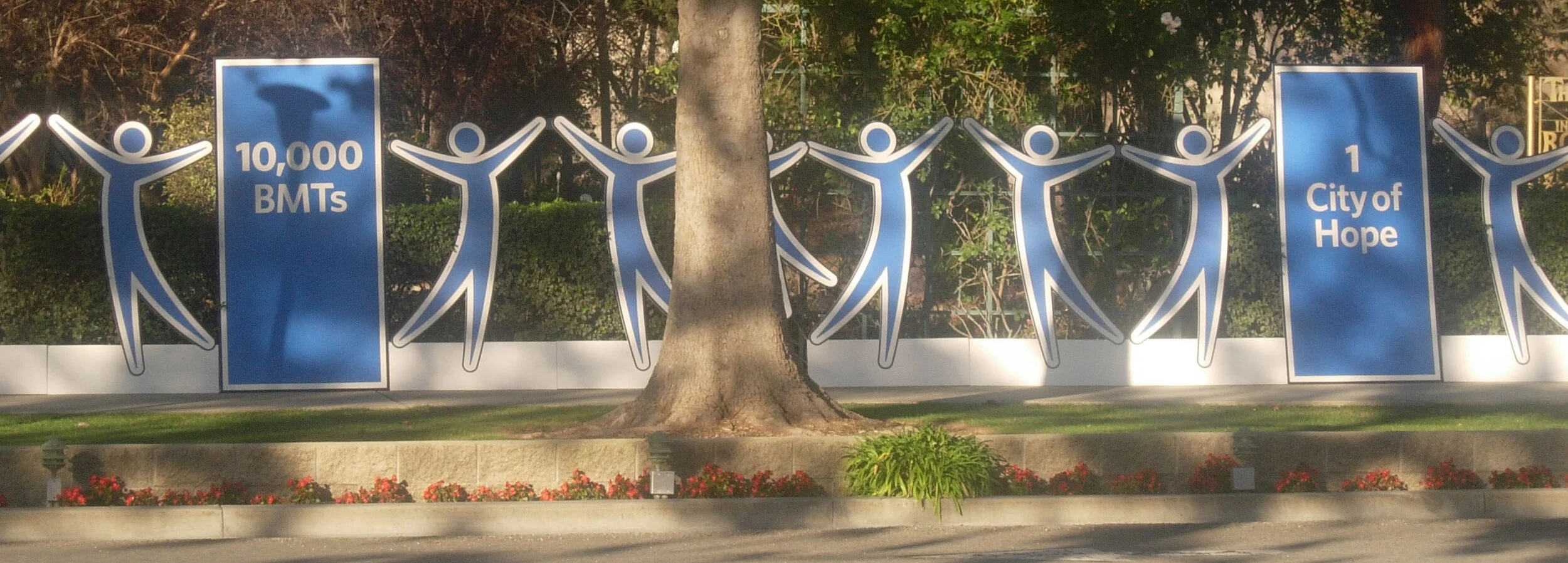  City of Hope centennial life-size cutout standees lining entrance 