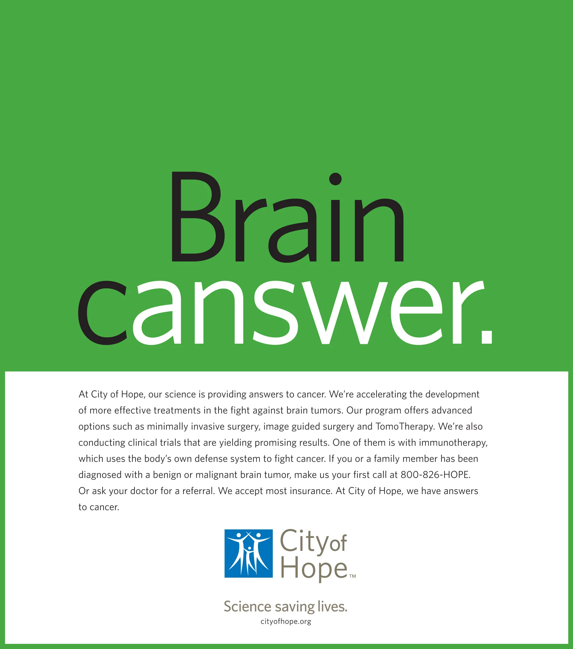  City of Hope “Brain canswer “ print ad 