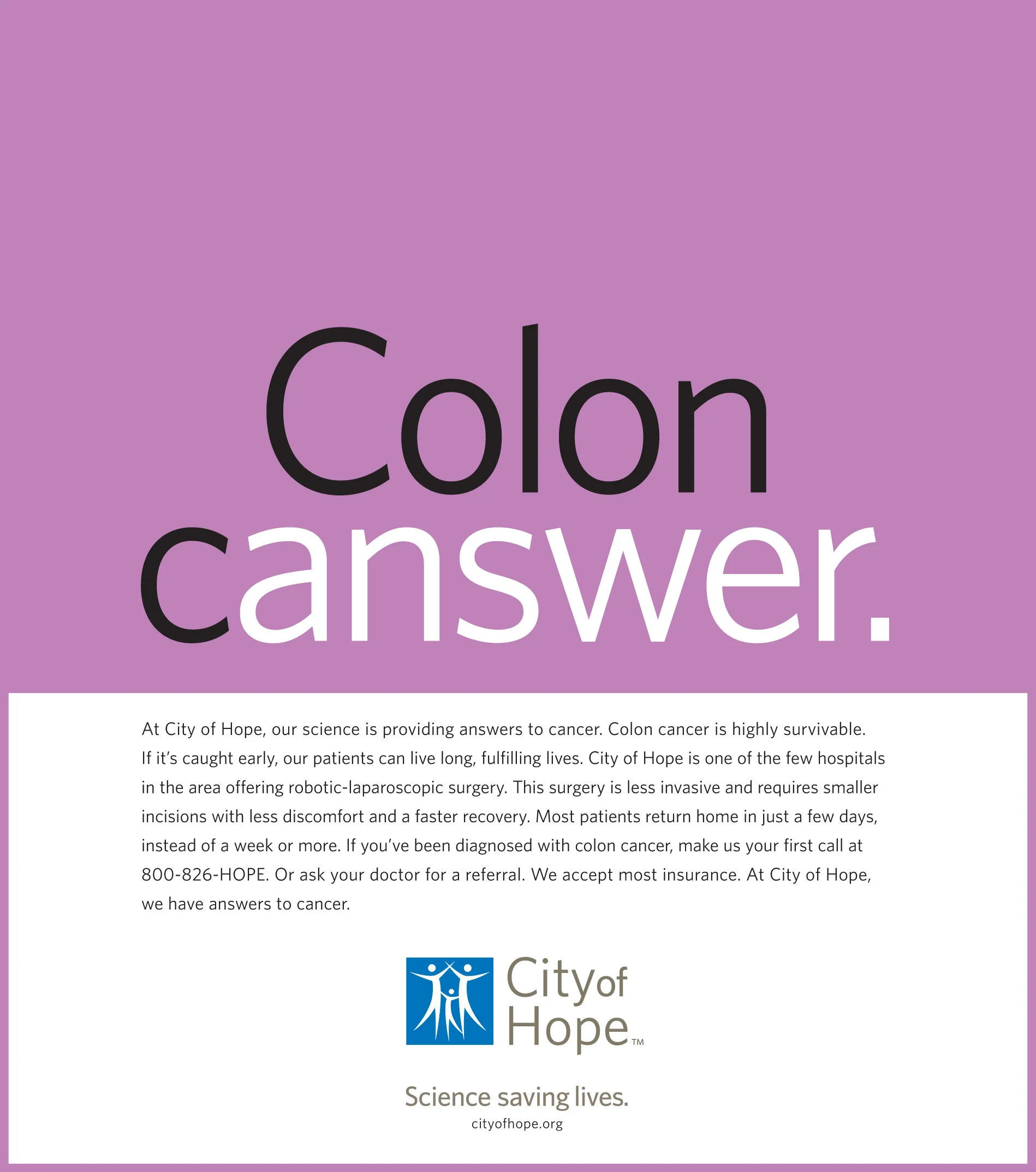  City of Hope “Colon canswer “ print ad 
