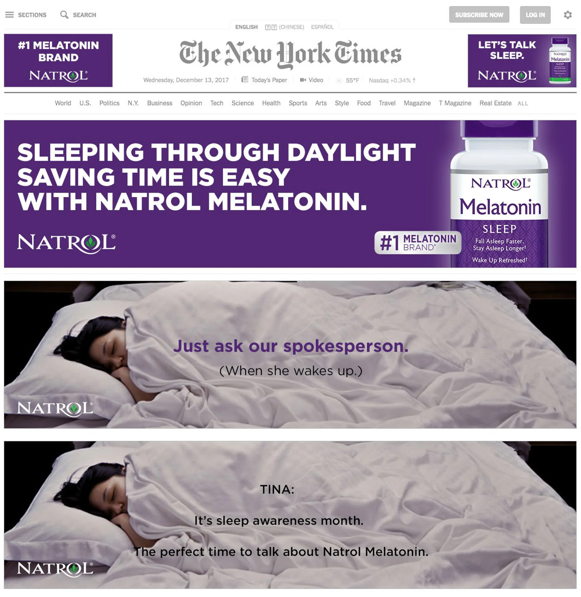  NY Times demonstrates how well Melatonin works featured in a video of spokesperson soundly sleeping 
