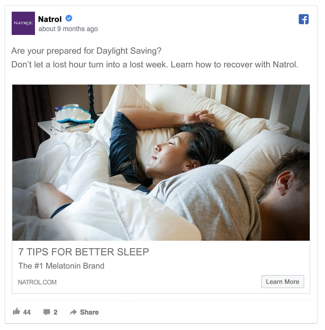 Facebook post driving people to a “Sleep Tips” landing page 