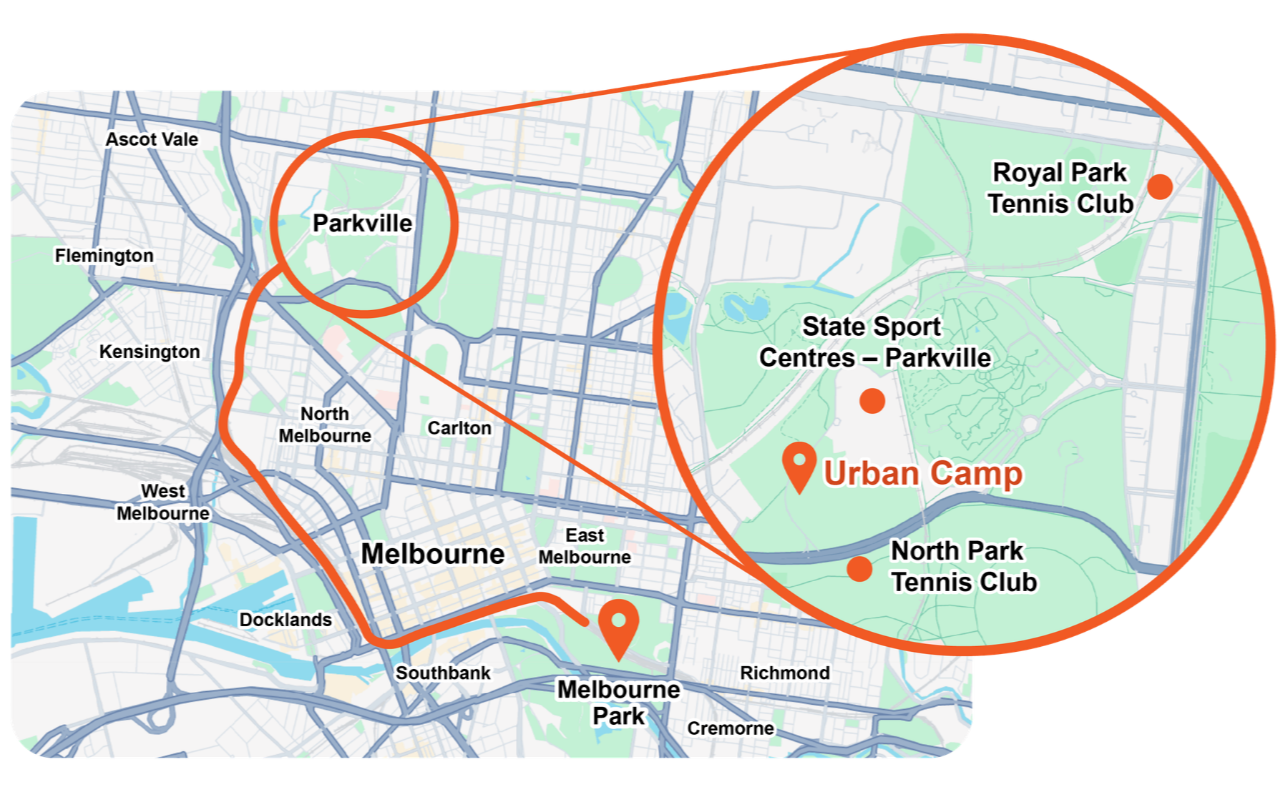 Map of Melbourne highlighting neighborhoods, parks, and tennis clubs with red circles and labels including Melbourne Park, Royal Park Tennis Club, North Park Tennis Club, State Sport Centres - Parkville, and Urban Camp.