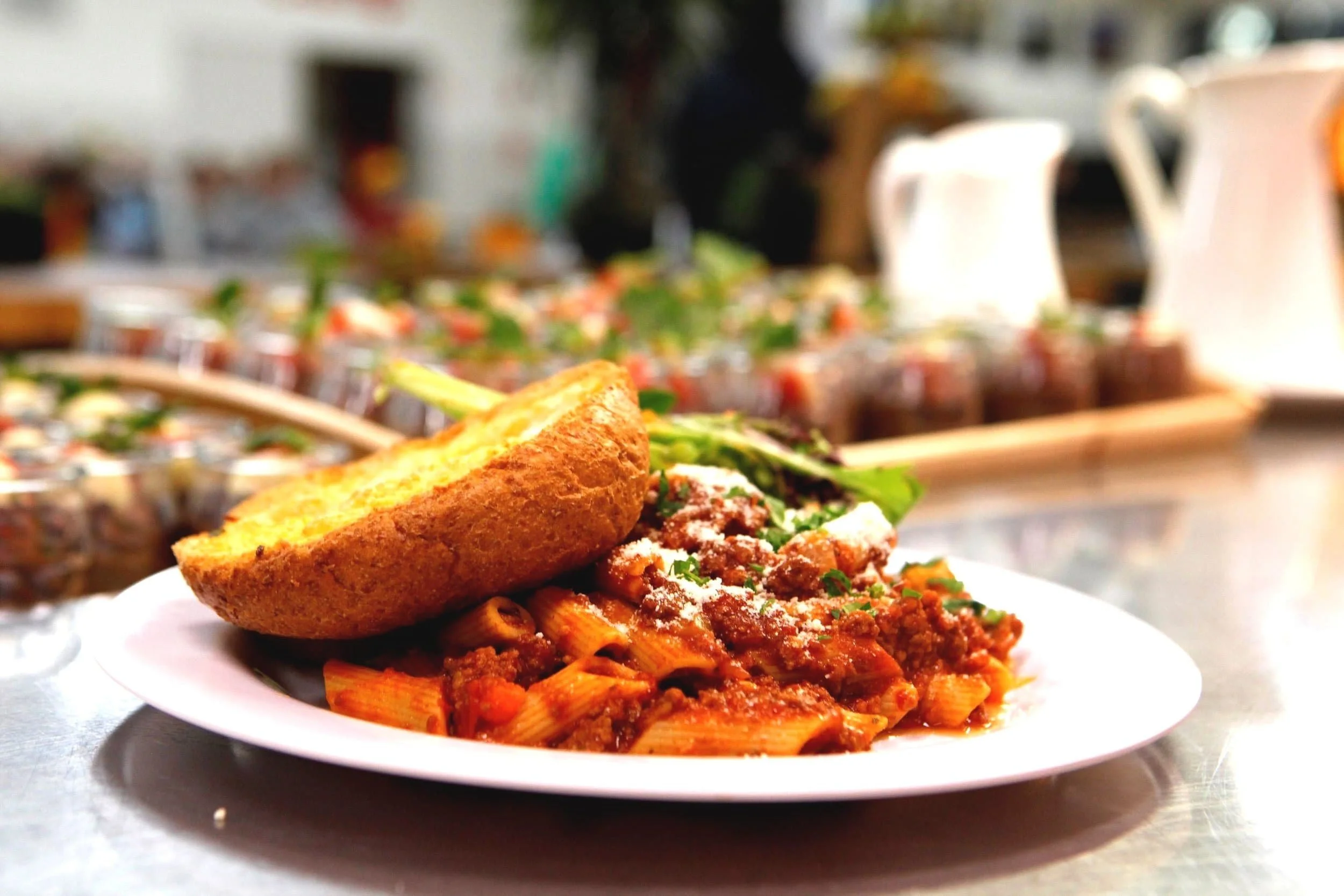 Close up for dinner with pasta and a roll at Urban Camp Melbourne