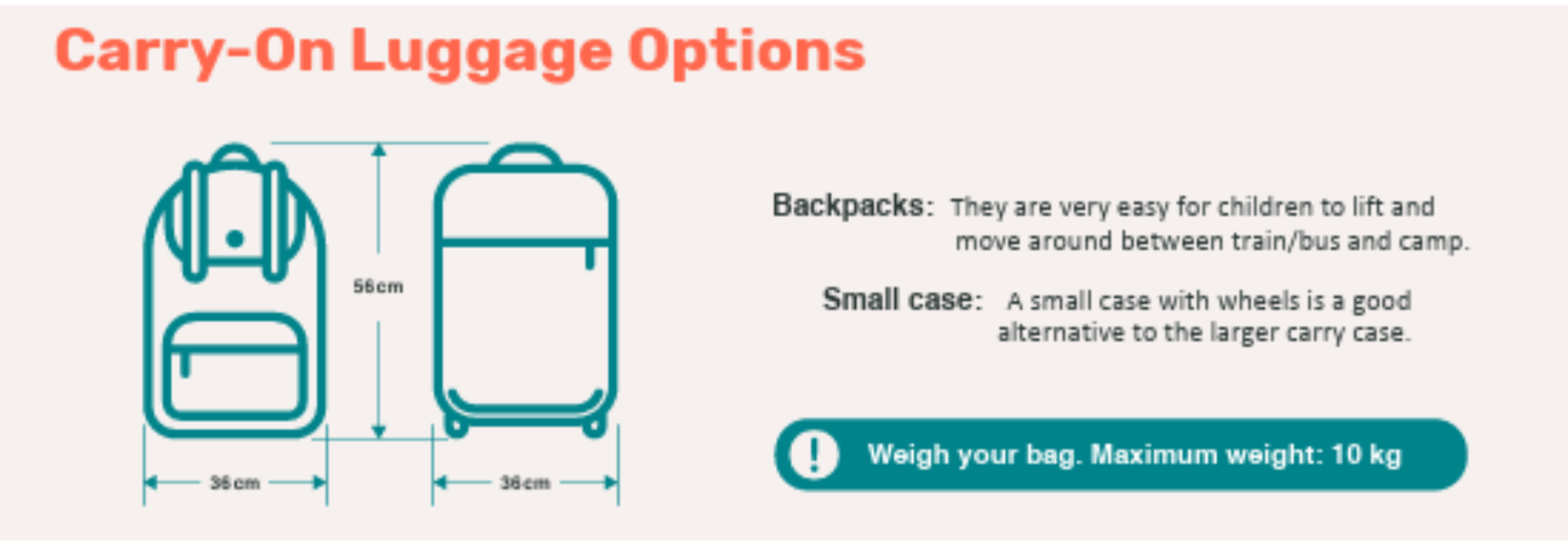 Carry-on luggage options for kids coming to Urban Camp.