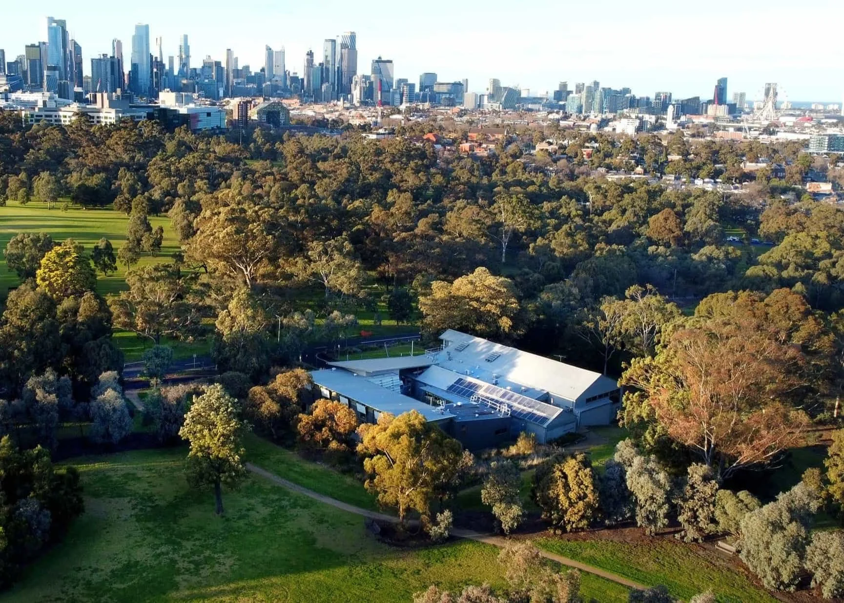Ariel view of Urban Camp with the city of Melbourne in the background.