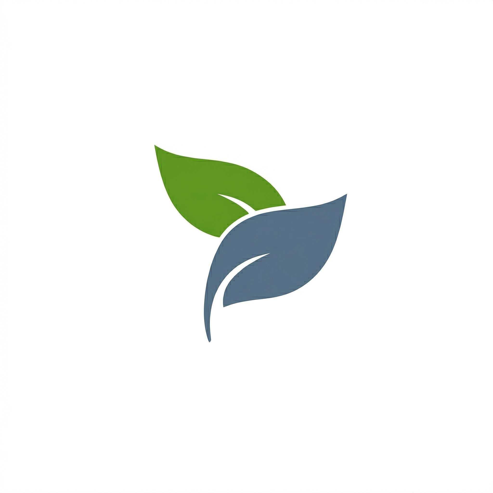 A minimalist logo featuring two overlapping stylized leaves, one green and one blue.