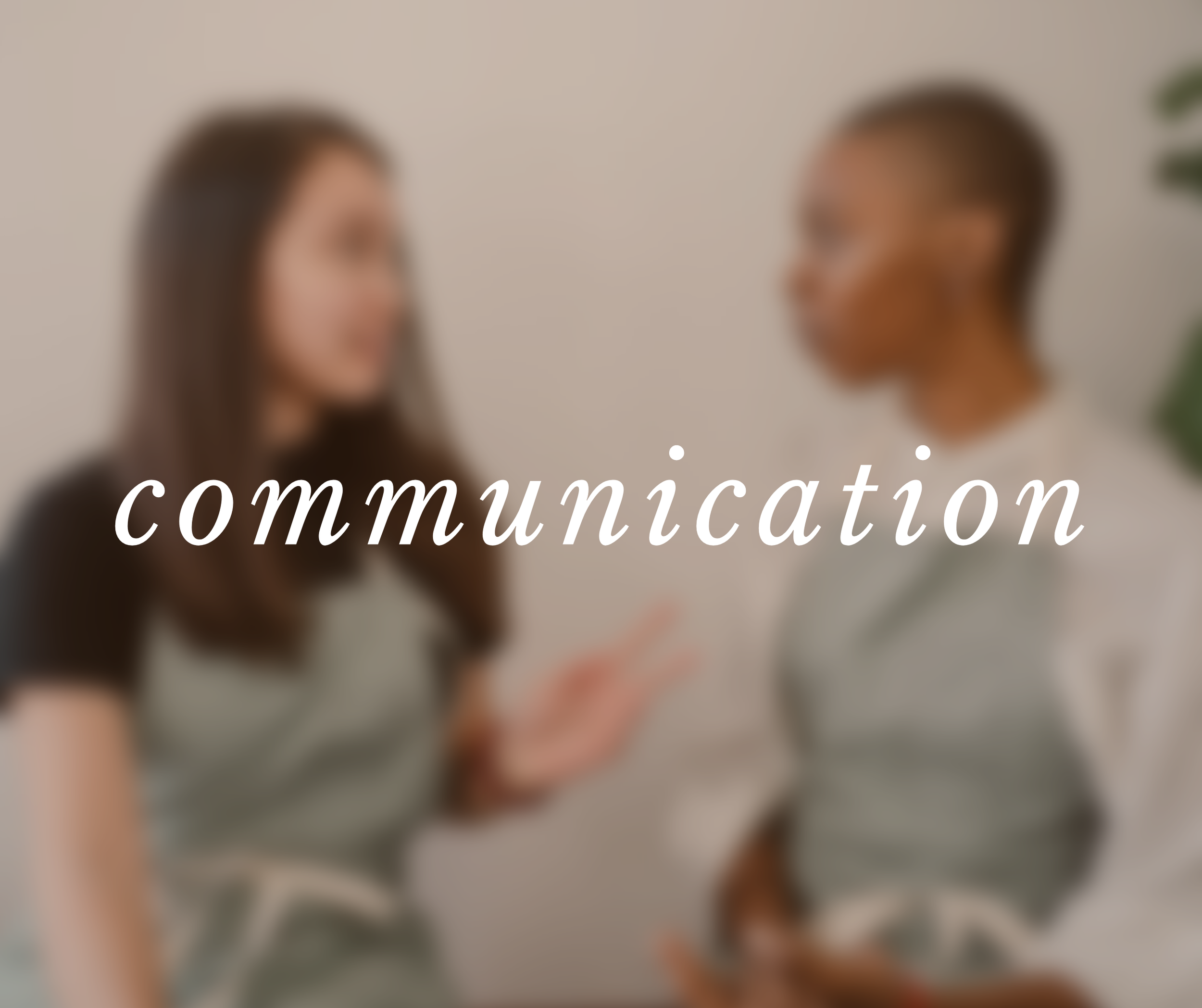 Two people having a conversation, wearing aprons, with the word "communication" overlaying the image.