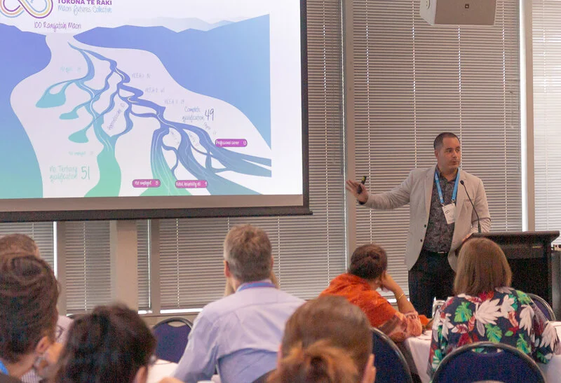 Dr Eruera Tarena shows the awa visualisation used to inspire rangatahi