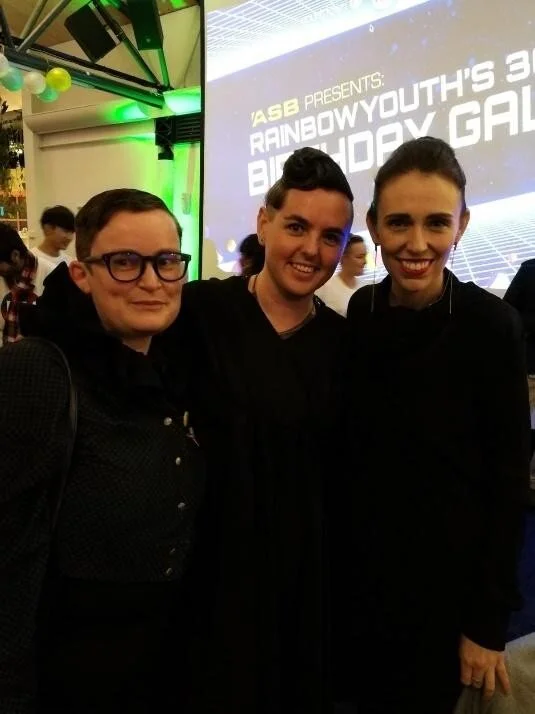 Moira, Joey and Rt Hon Jacinda Ardern At RainbowYOUTH’s 30th birthday gala