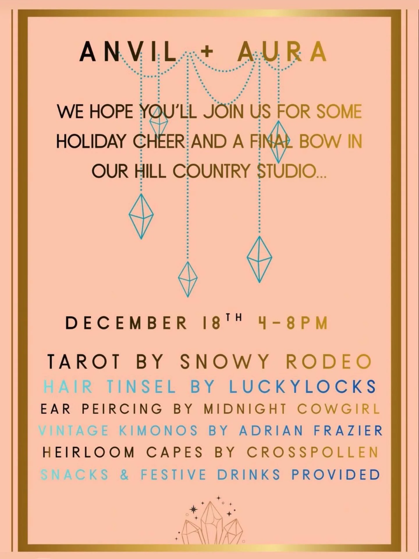 Hi Friends! I&rsquo;ll be offering mini readings at @anvilandaura, my favorite locally made jewelry store in Bee Caves, for their holiday event on Thursday, 12/18 from 4&ndash;8 PM. Come shop local and treat yourself to something special!

Mini readi