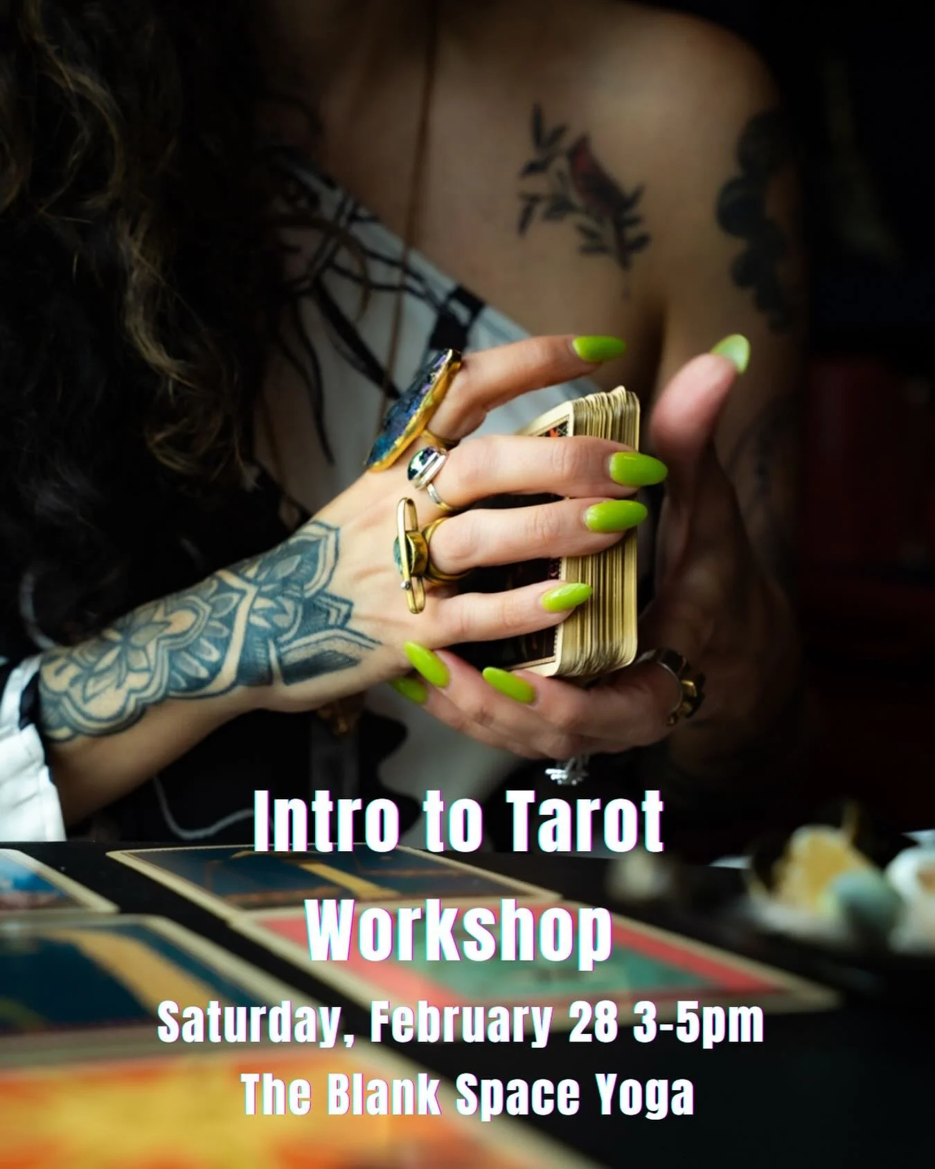 🔮 Intro to Tarot Reading Workshop 🔮

Saturday, February 28 3-5PM @the.blank.space.yoga 

🎟️$44 🔗 in bio. ✨Spots are limited. 

In this hands-on workshop, you&rsquo;ll learn how to:
✨ Connect with your deck through energy and intention
✨ Understan