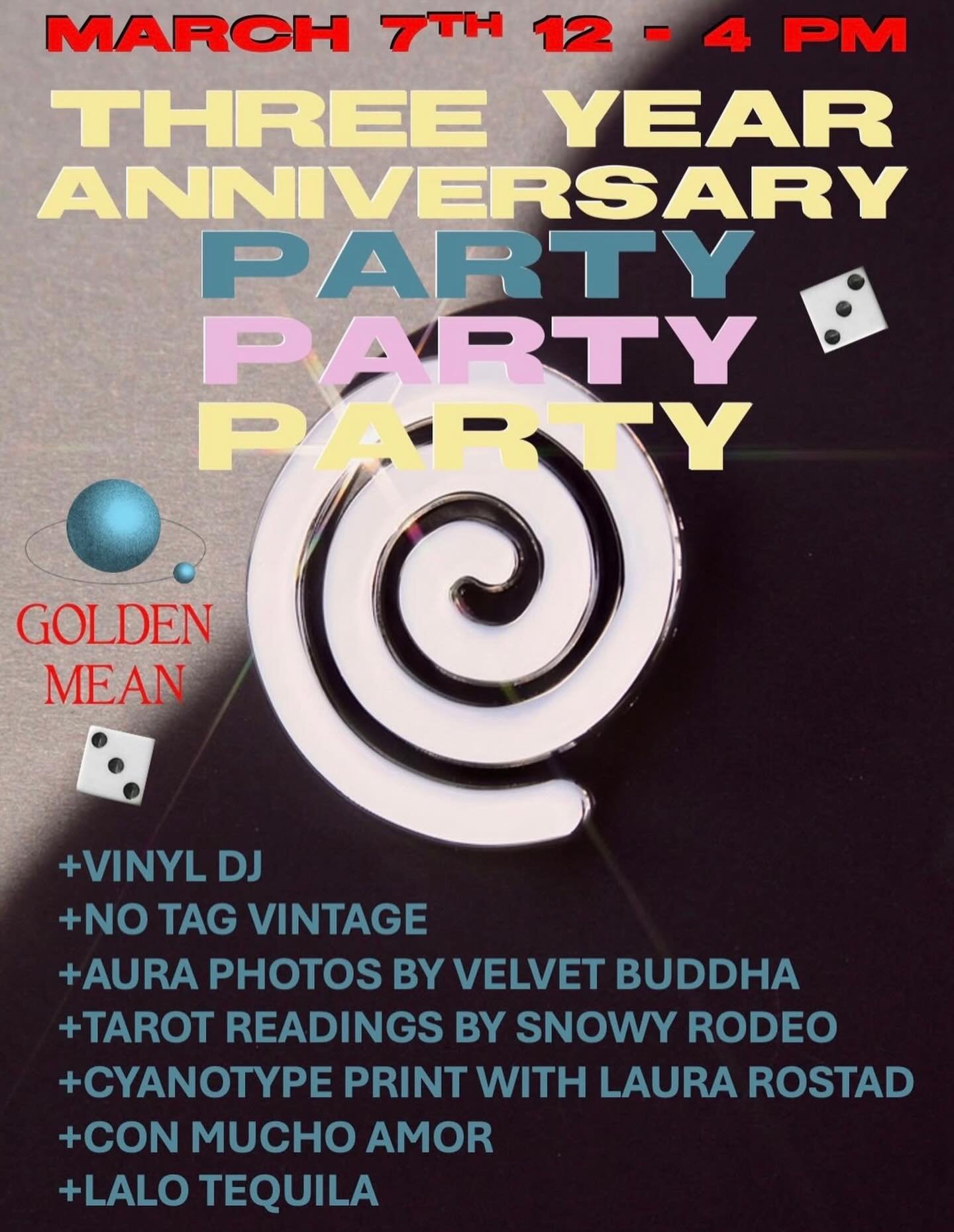 OUR BIGGEST PARTY OF THE YEAR! 🎉🙌Join Us @goldenmeanaustin 

Saturday March 7th from 12 - 4 PM with some of our favorite people &amp; vendors to celebrate Golden Mean&rsquo;s 3 Year Anniversary Party! 

@notagvintage bringing the heavy hitting vint