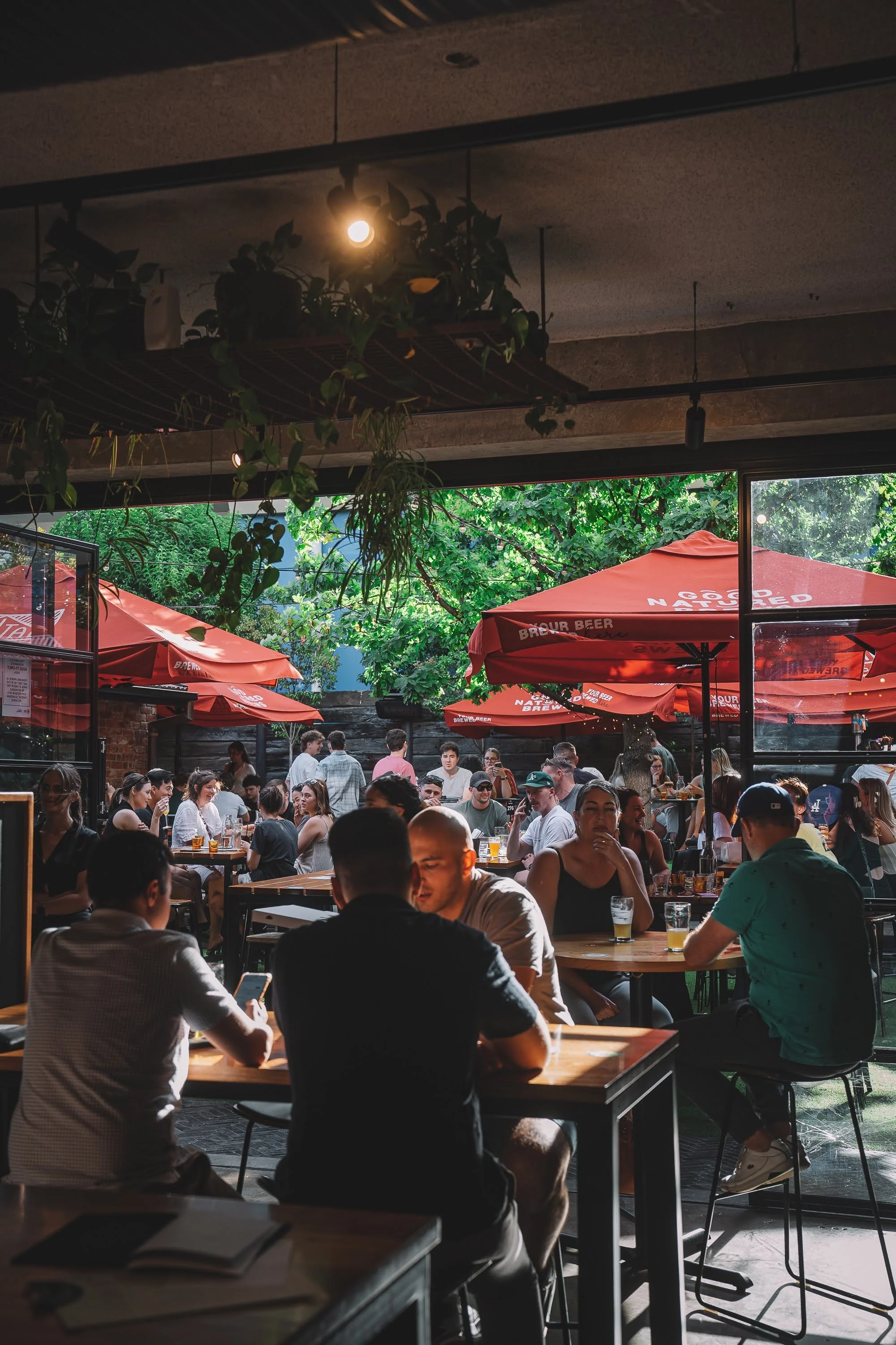 People enjoying drinks at a lively outdoor beer garden with red umbrellas and greenery overhead.