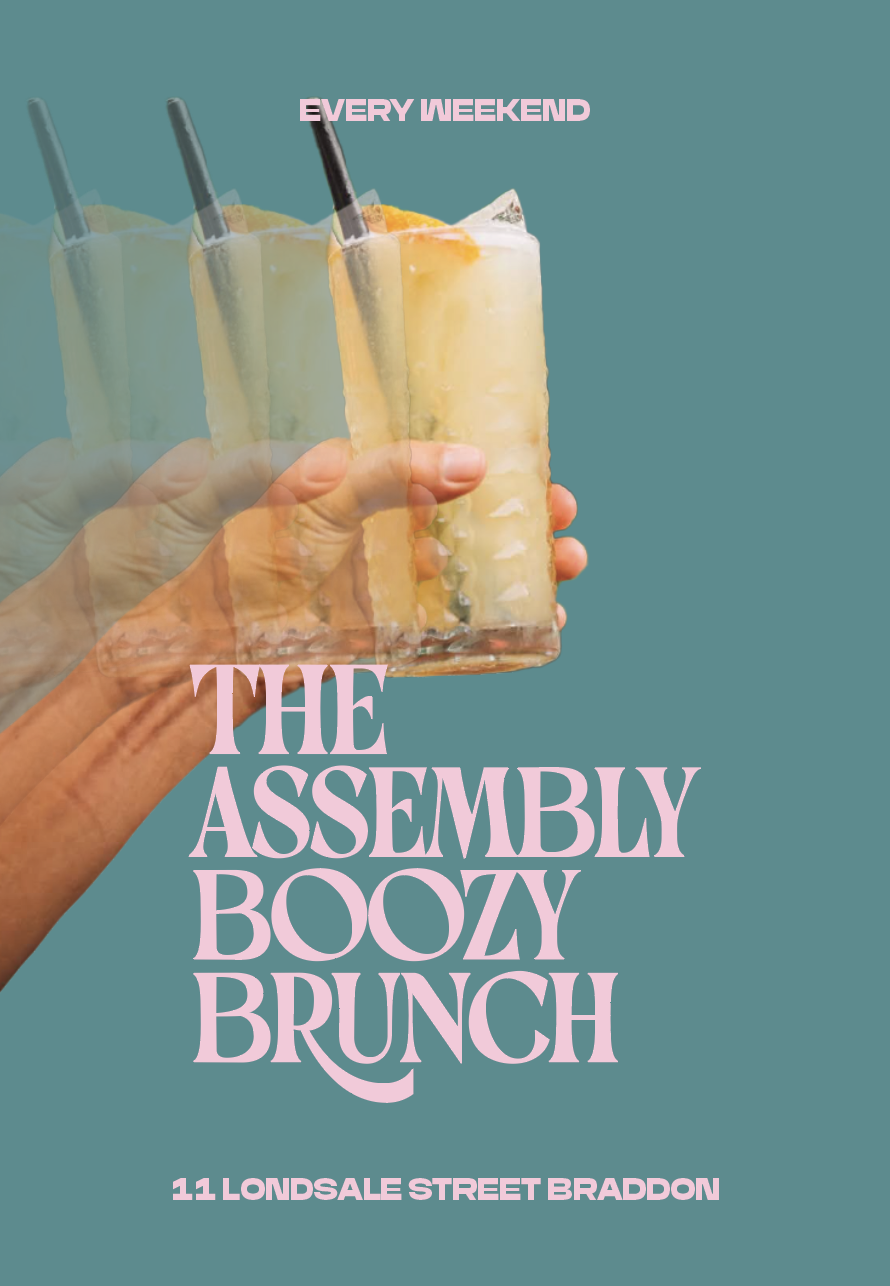 Promotional image for 'Assembly Boozy Brunch' at The People's Pub, featuring people enjoying drinks outdoors with trees and red umbrellas, offered from 10am-12pm on weekends.