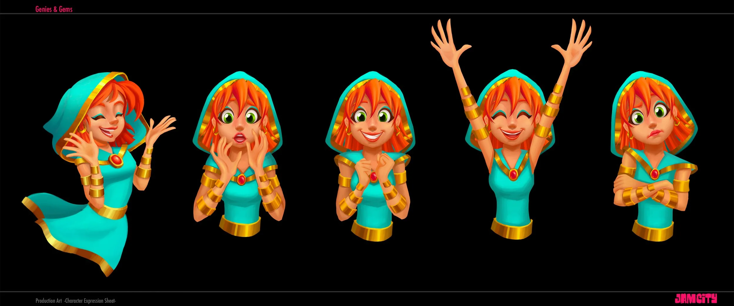 Five animated characters with orange hair and blue outfits, each displaying different expressions of happiness, surprise, excitement, joy, and contemplation, against a black background.