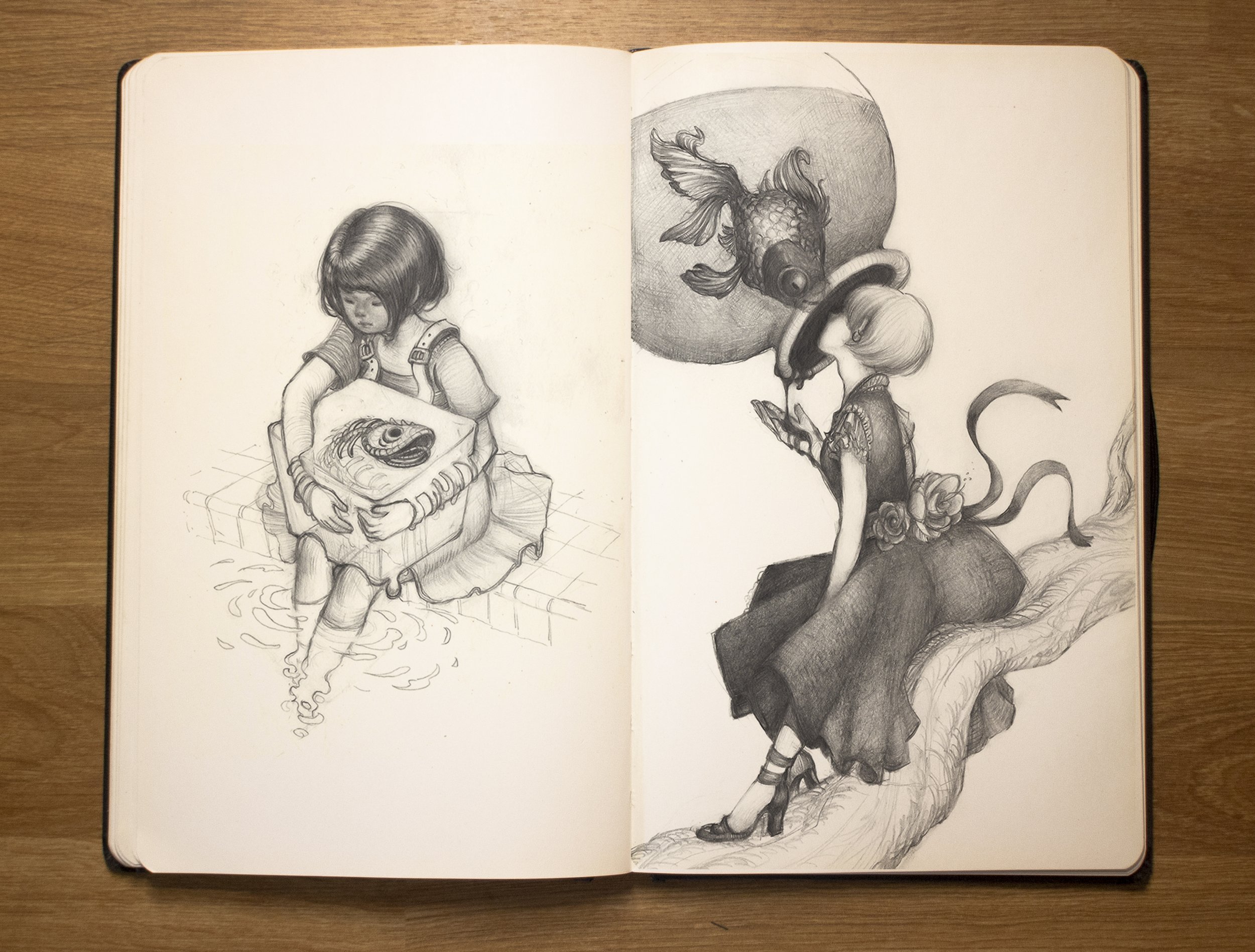 Sketch of a girl sitting on a rock, wearing a dress and high heels, with a mouse-like face and a tail, sitting on a branch nearby, holding a smartphone, and a fish with large eyes sitting on a cushion.