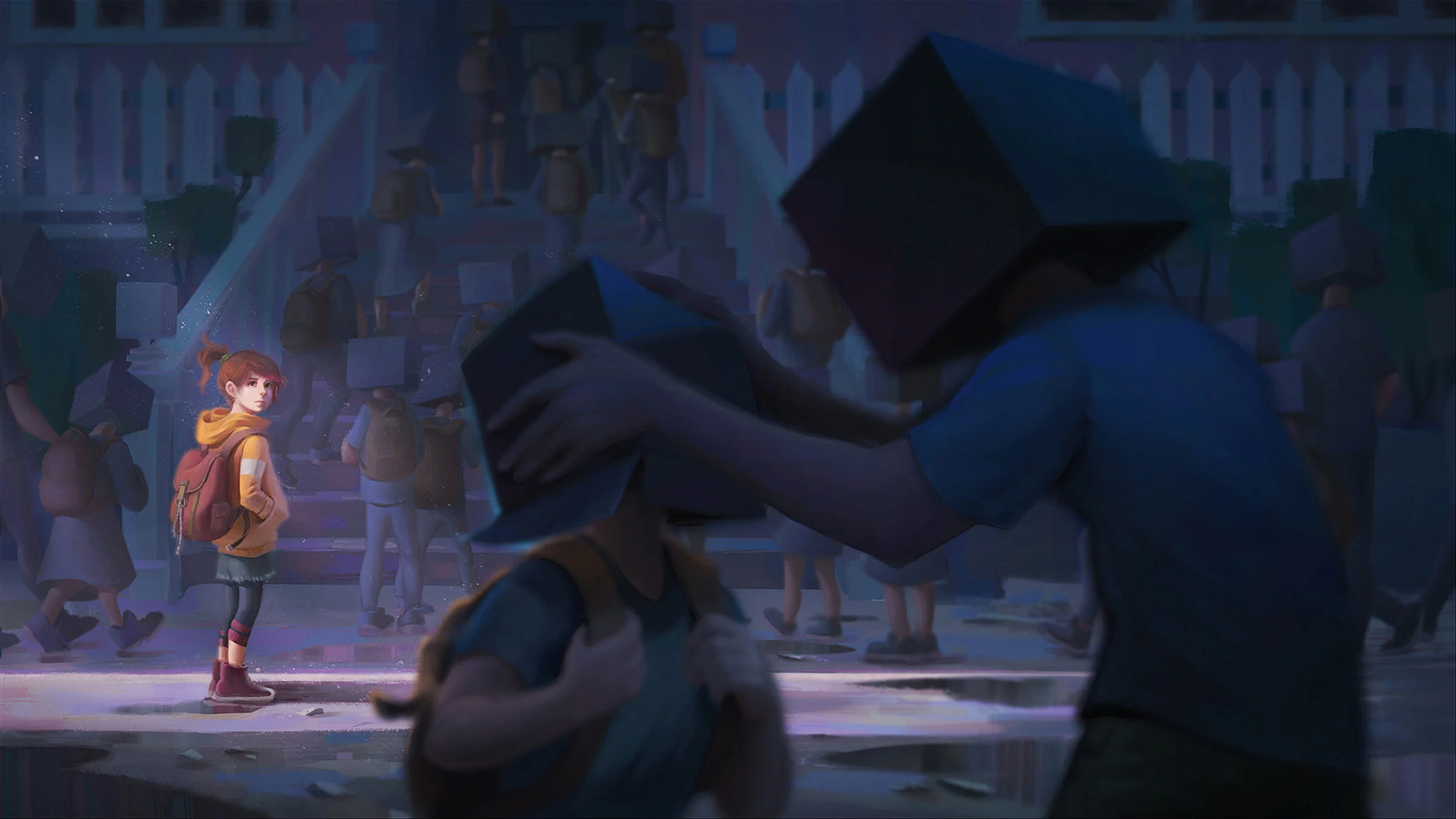 A girl with a red ponytail, wearing a brown hoodie, striped socks, and carrying a backpack, stands on a wet street at night. In the foreground, a person with a box on their head appears to be hugging a child. The background shows many people with box