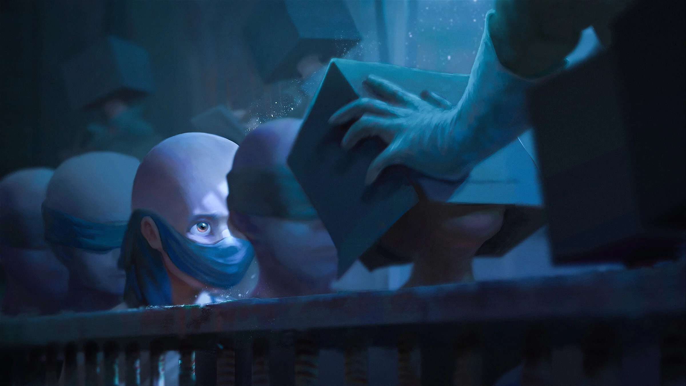 A young person wearing a face mask and PPE is receiving a vaccination from a healthcare worker in protective clothing in a dimly lit environment.