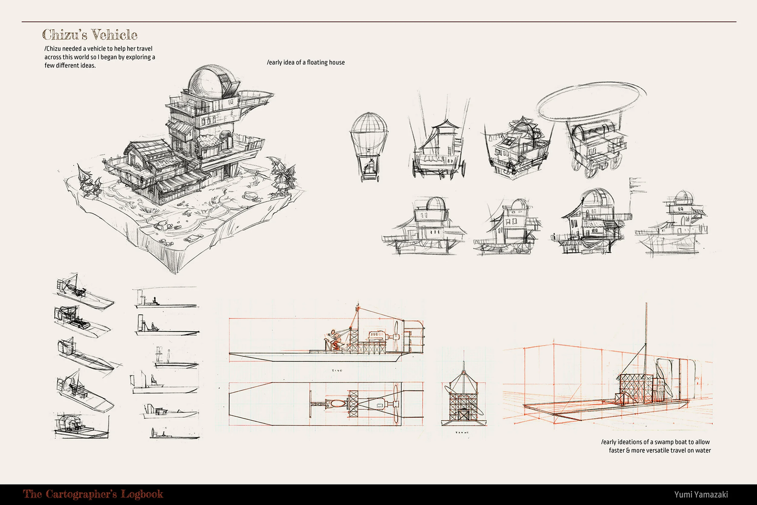 Sketches and conceptual drawings of a floating house and swamp boat, including various views and early design ideas, with annotations about their construction and function.