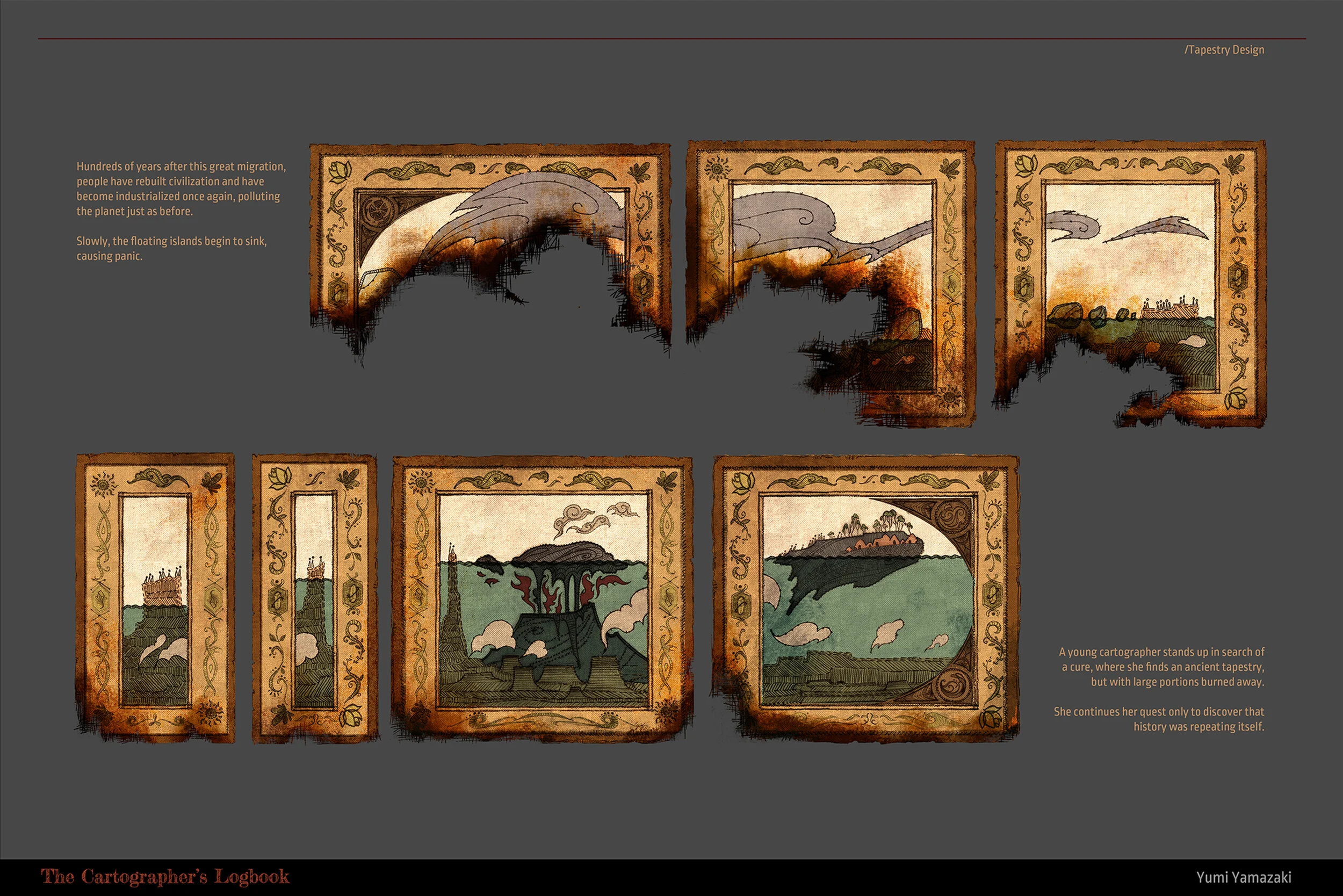 A series of damaged or incomplete illustrations of ancient tapestries depicted as aged, tattered artwork. The text describes a young cartographer seeking a cure and discovering remnants of ancient tapestries, highlighting the theme of history repeati