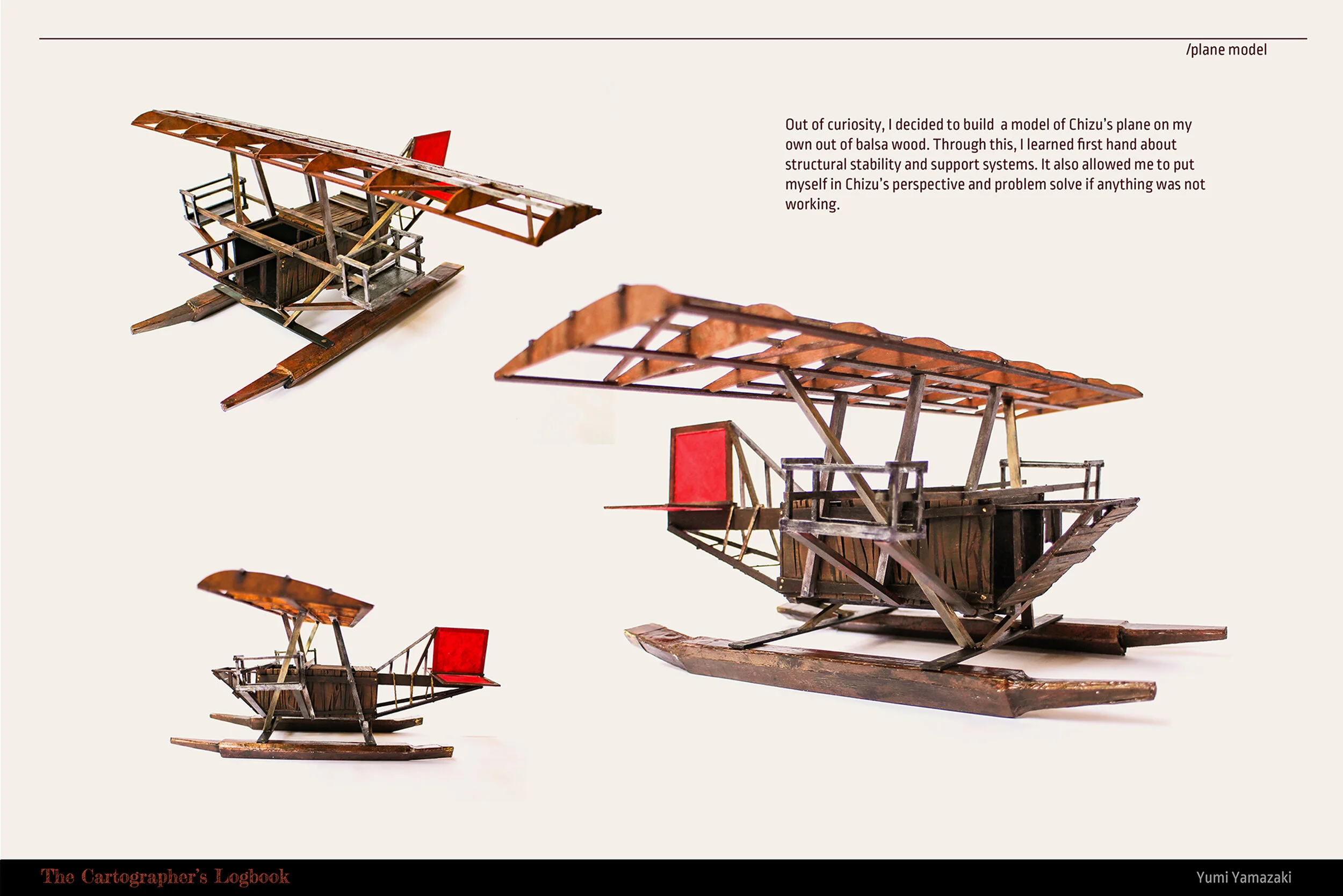 Model of Chizu's plane made from balsa wood with a red tail and orange wing covering, displayed from multiple angles on a white background.