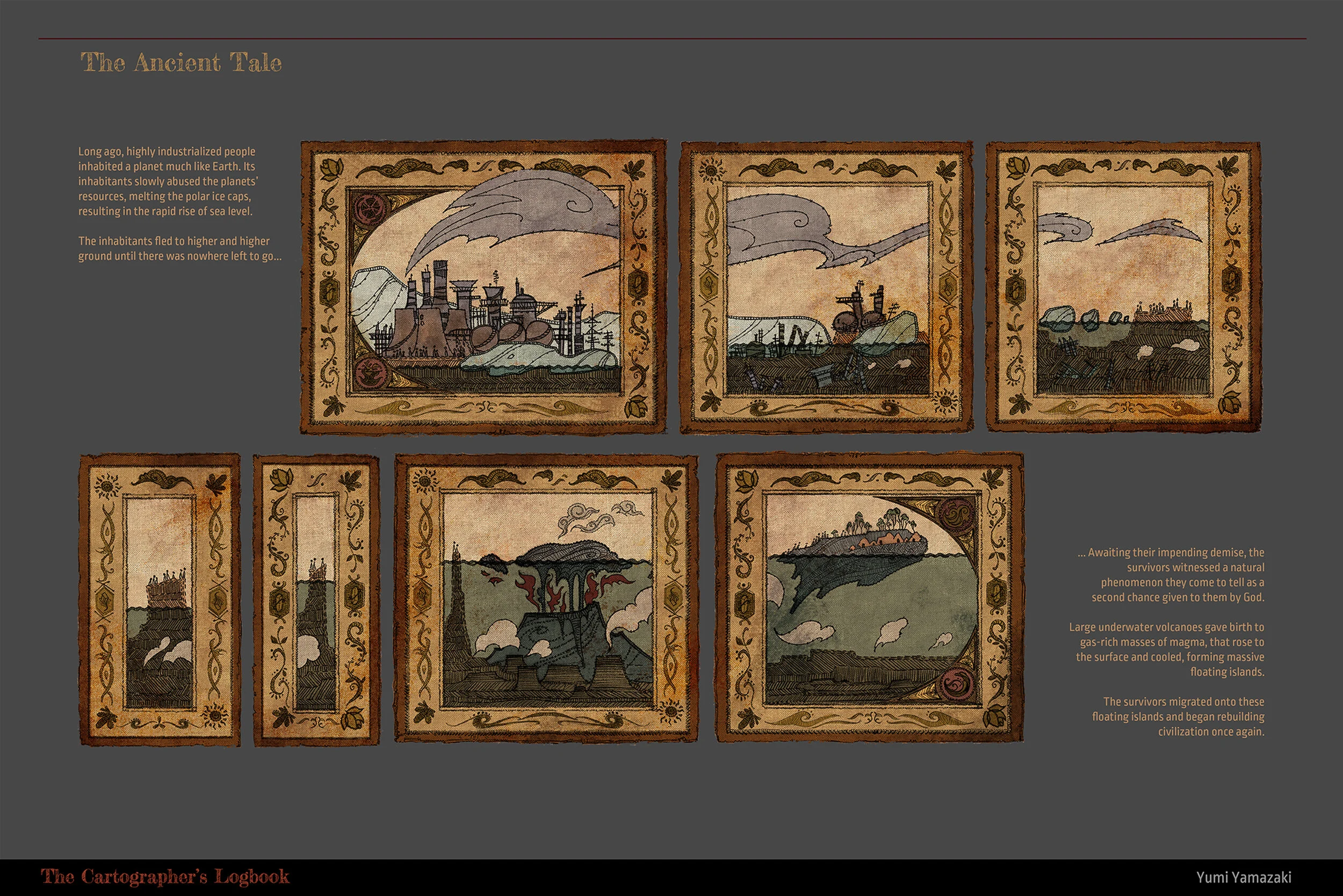 A series of seven stylized, illustrated cards depicting apocalyptic scenes with natural disasters, volcanic eruptions, and destruction, arranged on a dark background with text about ancient environmental collapse and recovery.