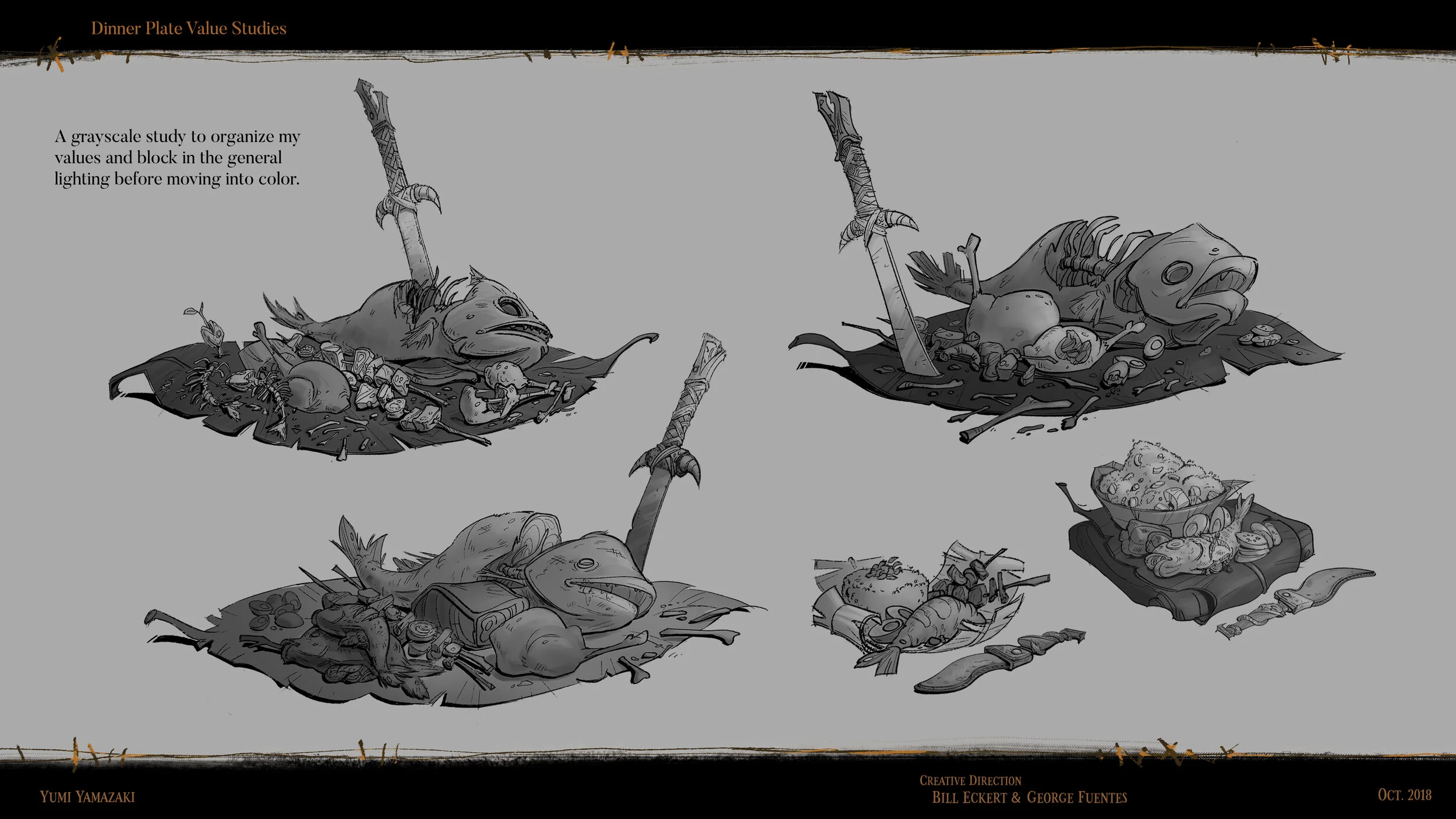 A grayscale study of a fish's remains with a sword stabbed into its body, surrounded by various objects and food, used to organize values and light before moving into color.