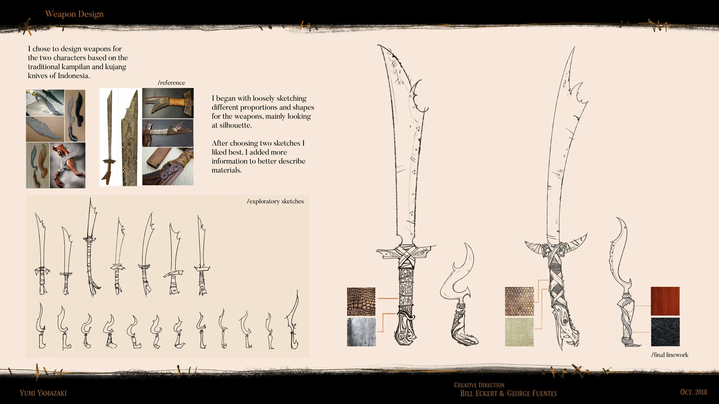 Sketches and reference images of traditional Indonesian weapons, including swords and knives, with notes on design process and materials used.