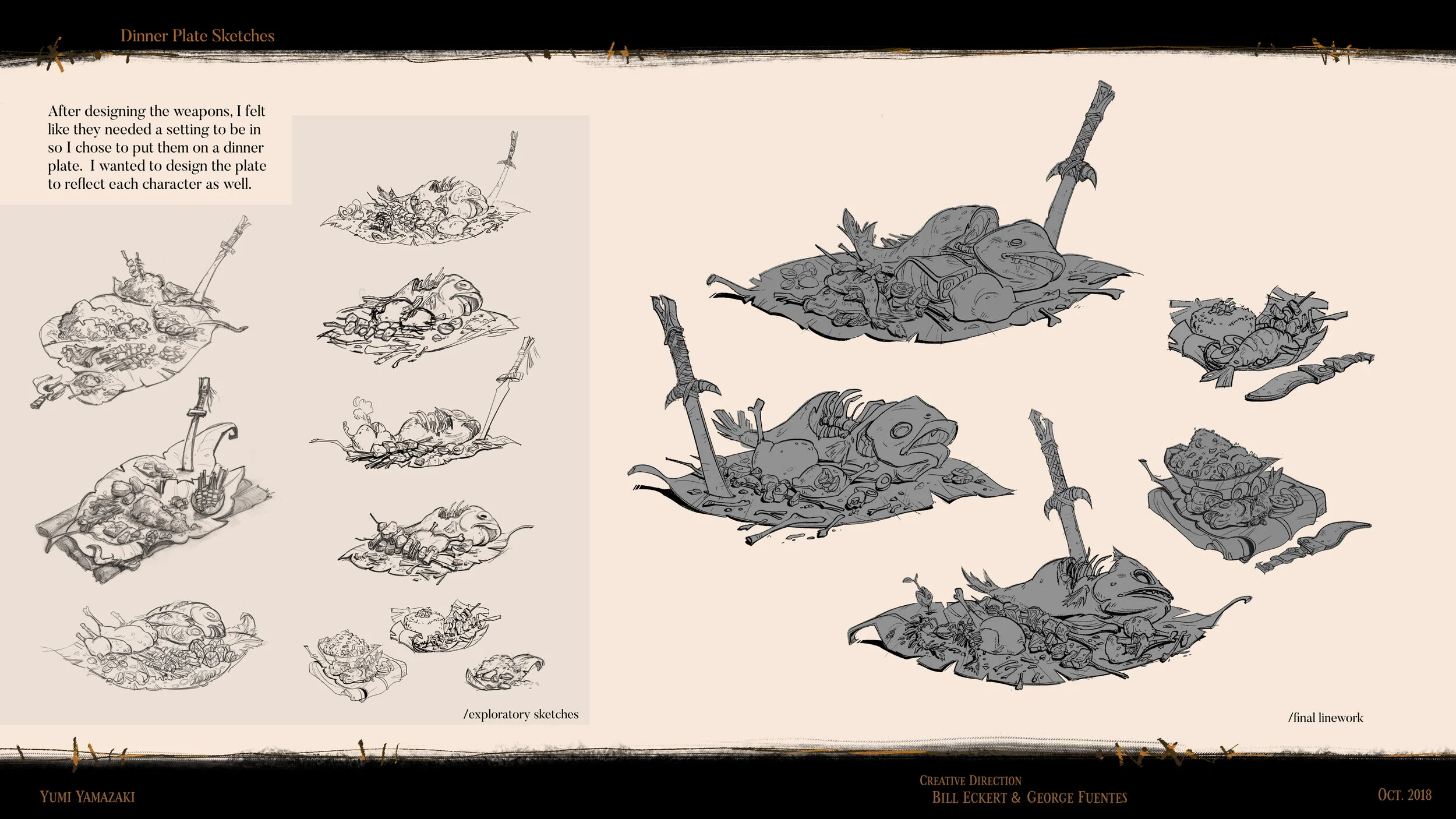 Sketches of a dinner plate with a frog, sword, and various food items, showing the design process from exploratory sketches to final linework.