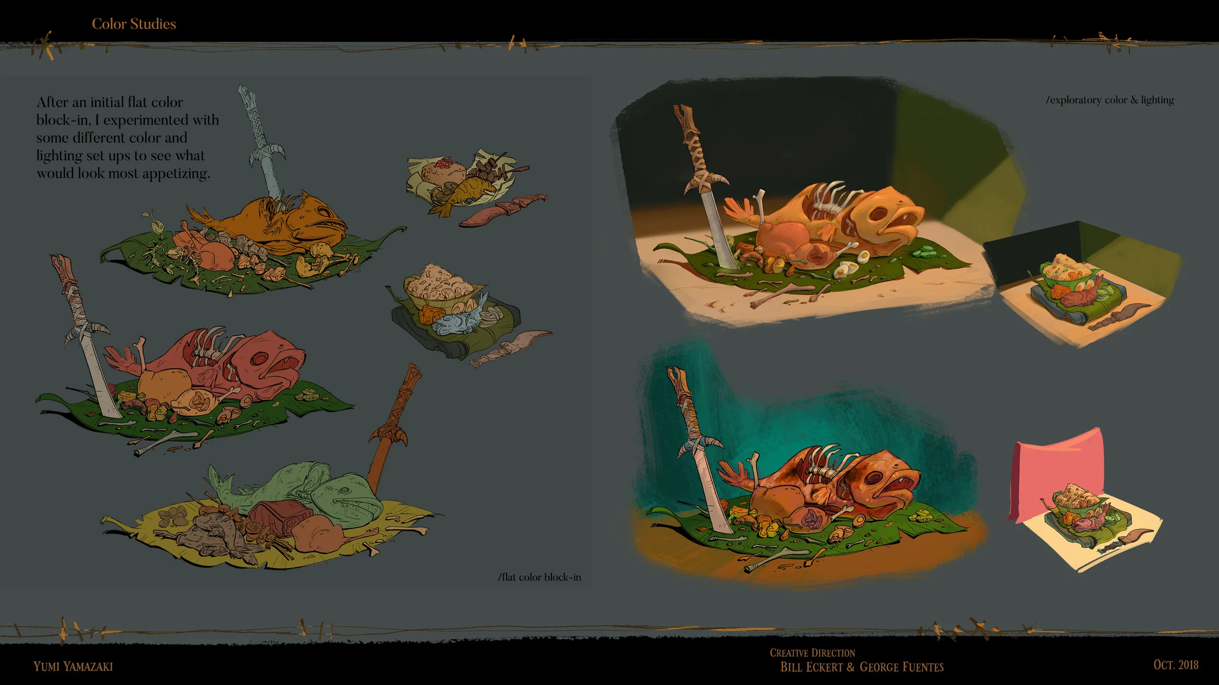 Digital illustration showing the process of experimenting with color and lighting in art. The left side displays four stages of flat color block-in of a story scene with a fish and sword set on a leaf, with different color schemes. The right side sho