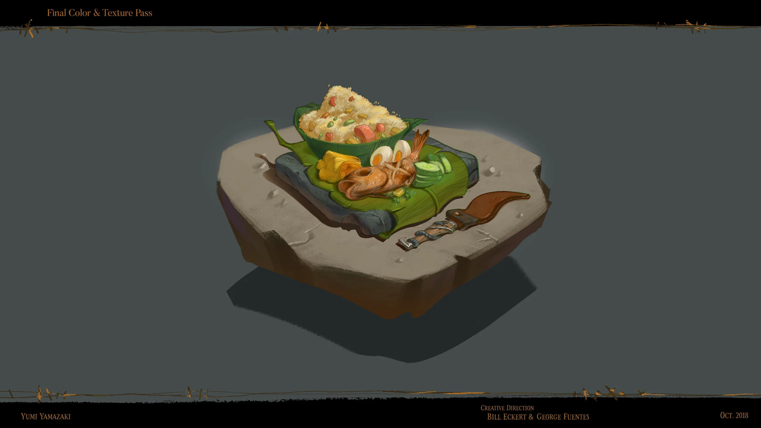 Digital illustration of a Japanese meal on a stone surface. It includes a bowl of rice with vegetables, a grilled shrimp, slices of cucumber, a piece of egg omelet, and a small fish-shaped object. The scene has a traditional and artistic style.