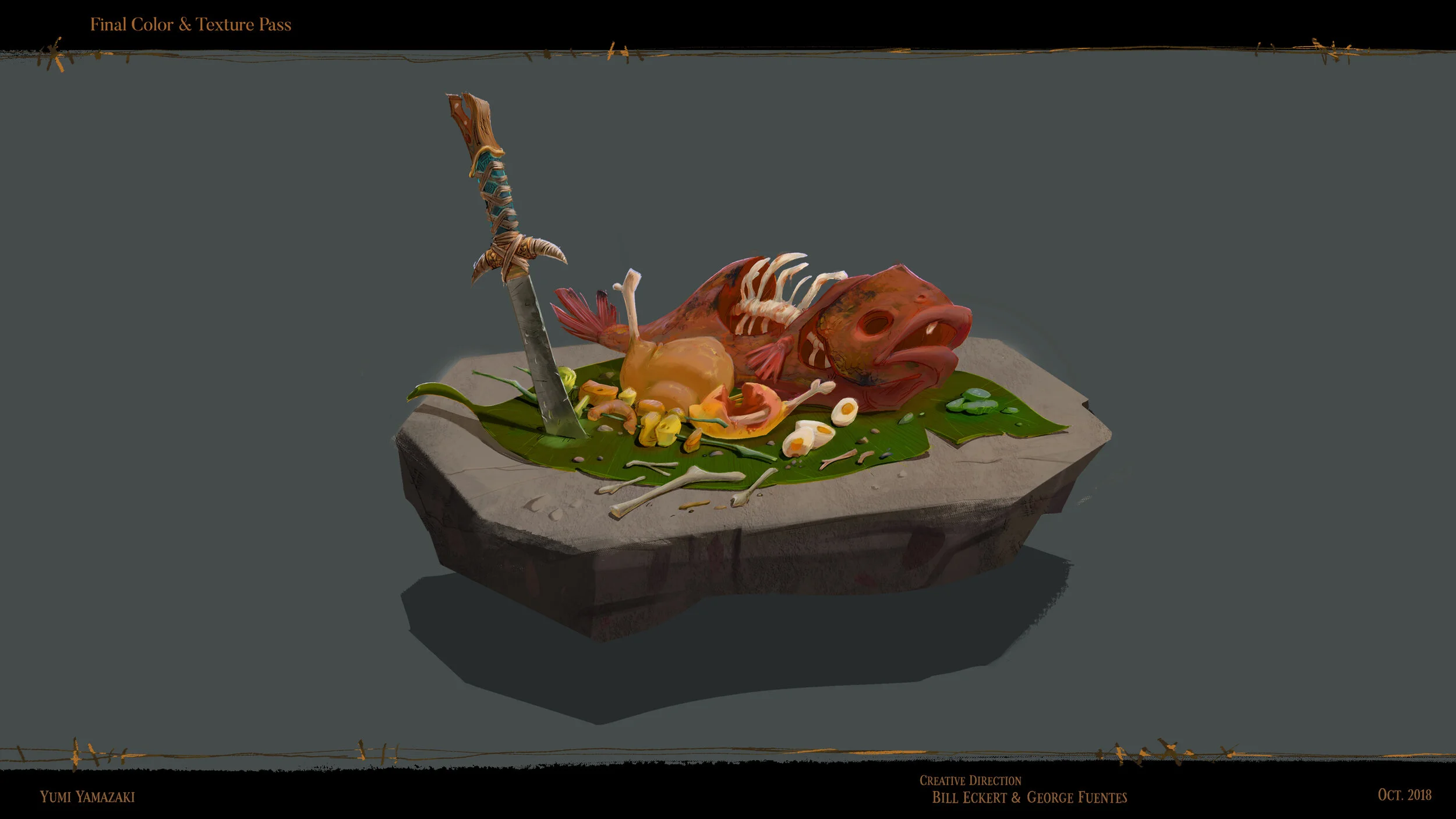 Digital rendering of a cooked fish with skeletal remains, surrounded by scattered bones, on a green leaf on a gray stone surface, with a sword stabbed into the ground.