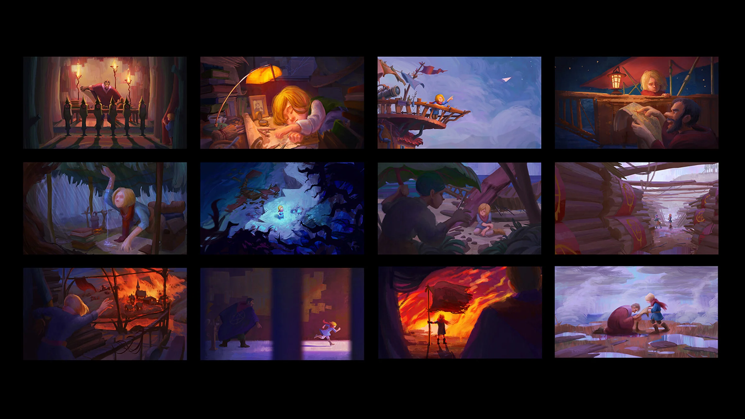 A collage of fantasy digital illustrations depicting various scenes including a throne room, a girl reading at a desk, a person on a ship, a person reading a book, a girl climbing a tree, a figure in a mystical forest, a child hiding under a leaf, ch