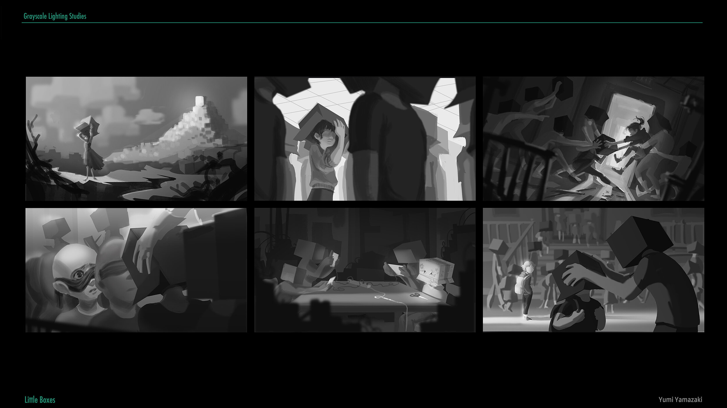 A collage of six grayscale images related to lighting studies, showing various scenes including a girl holding a box on a mountain, kids with boxes on their heads, children playing with toys, a person with goggles and a girl, kids playing video games