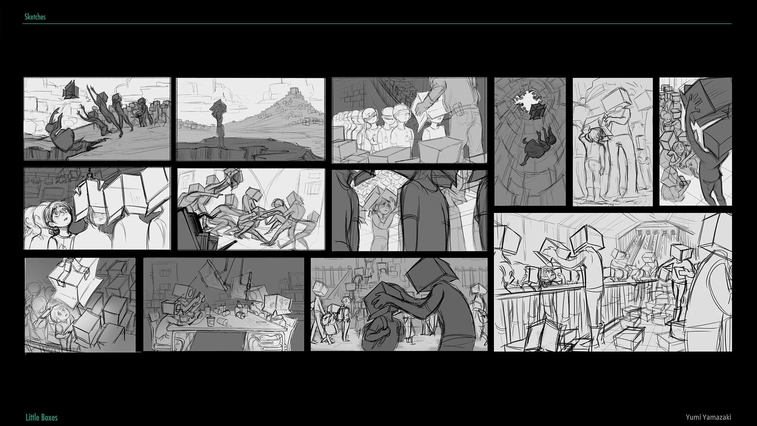 A series of sketches depicting children and adults participating in various activities involving cardboard boxes, including stacking, building, and playing, in what appears to be a community or classroom setting.