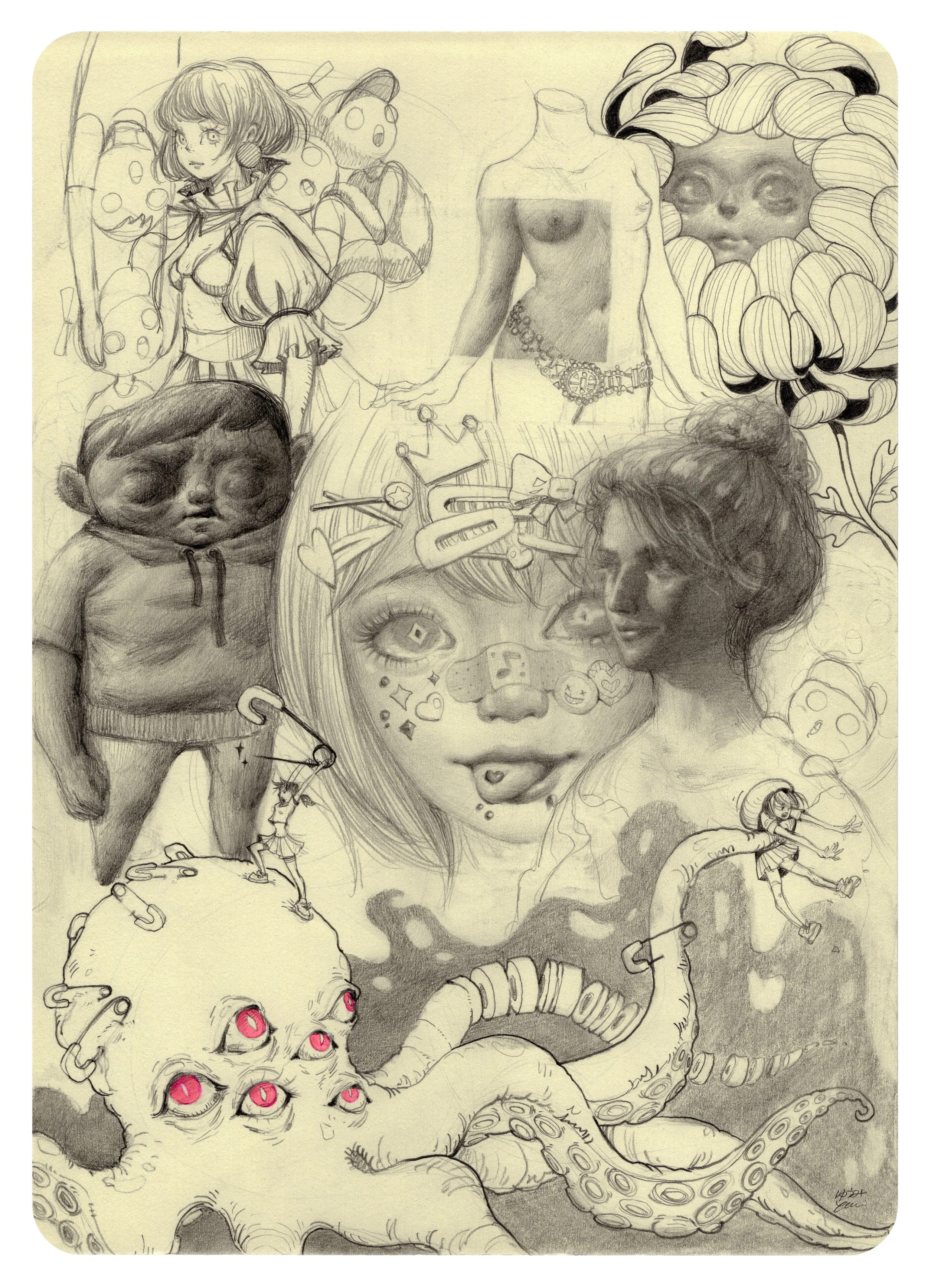 A detailed pencil drawing collage featuring various faces and characters, including a girl with pigtails, a woman with a bun, a multi-eyed octopus, a doll, a small girl on a globe, and various abstract and fantastical elements.