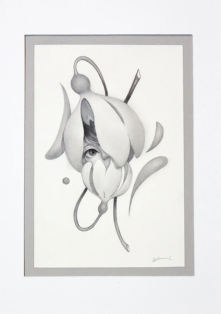 A surreal pencil drawing combining a flower and a human eye, with some abstract shapes and shading.