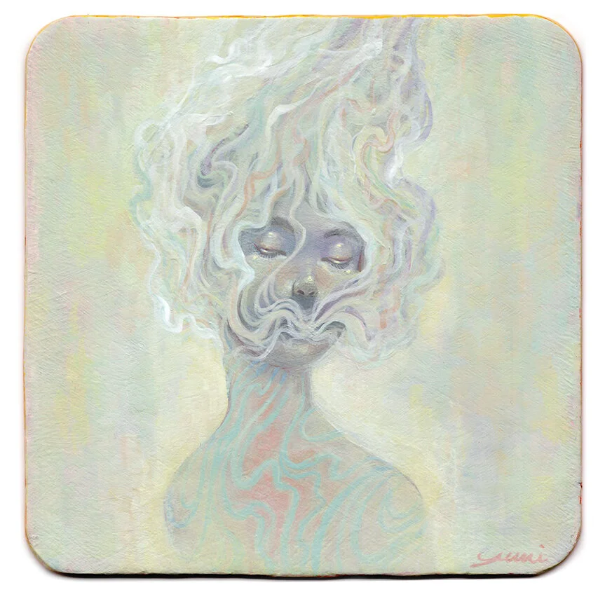 A pastel-colored painting of a woman with closed eyes, curly hair blending into swirling water patterns, and a calm expression.