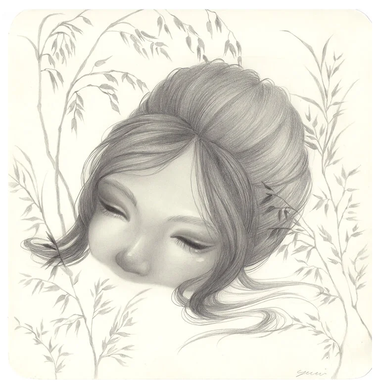 A grayscale illustration of a young woman with closed eyes, partially submerged in a soft pillow, surrounded by botanical elements like leaves and branches.