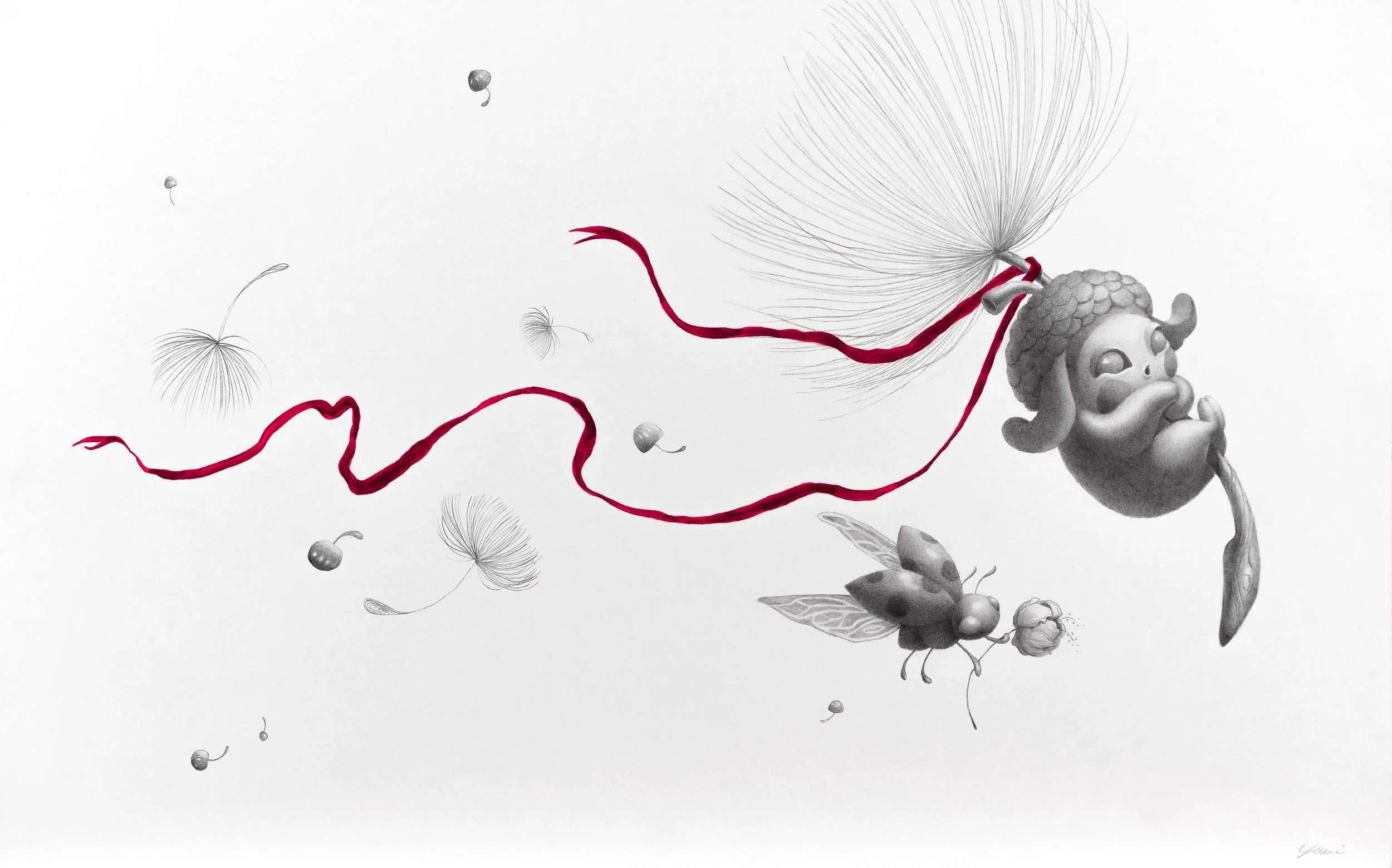 Illustration of a whimsical scene with a large gray creature with an acorn on its head, a butterfly, dandelion seeds, and red string flowing across a white background.