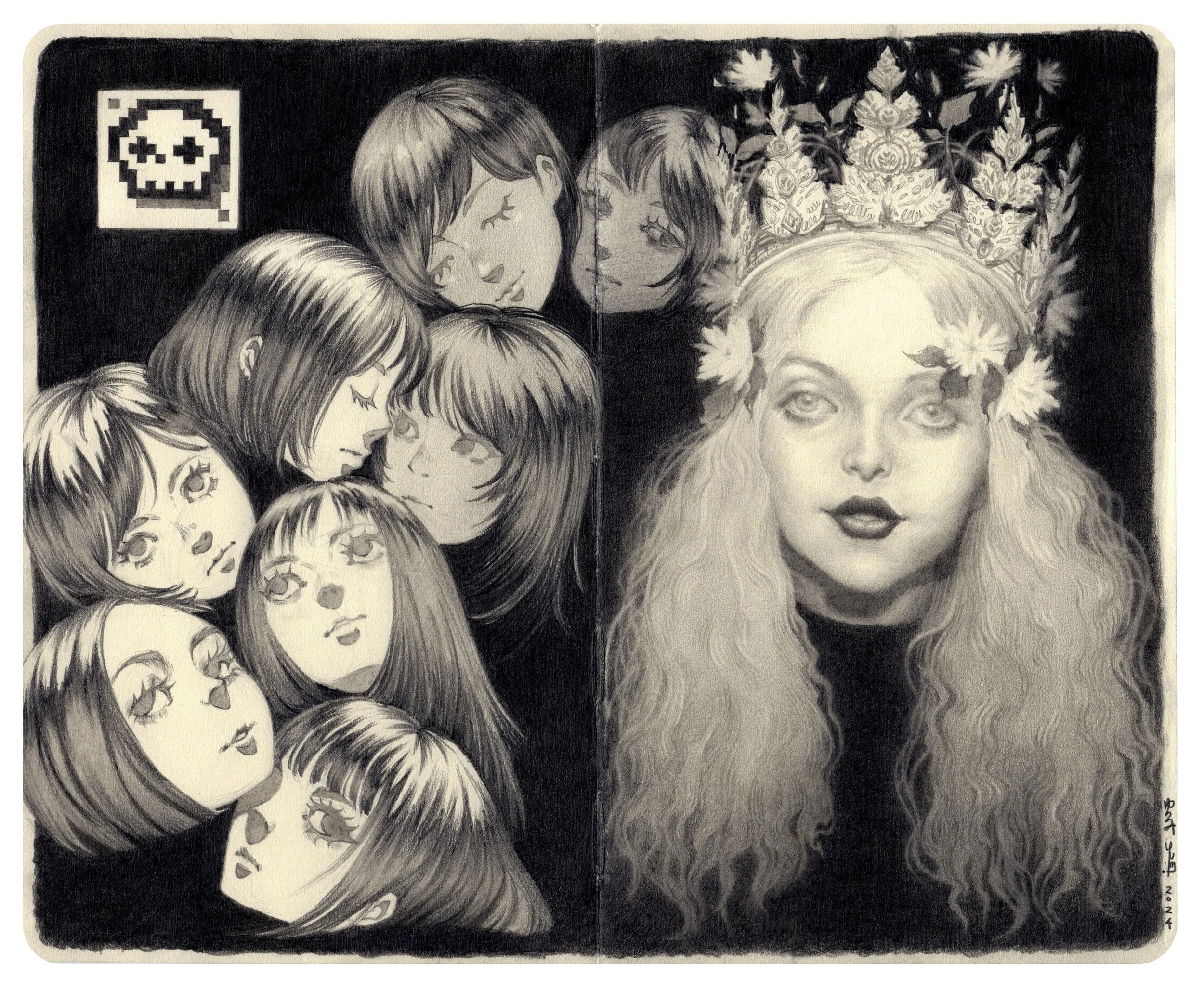 Black and white drawing of a woman with long, curly hair wearing a floral crown, with multiple smaller faces of women with various hairstyles around her.